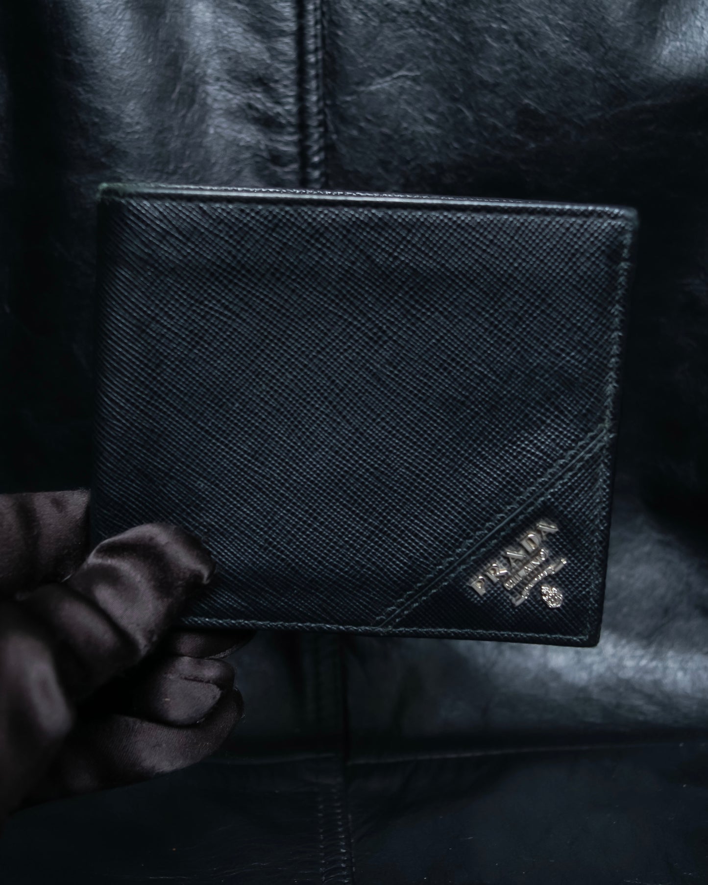 “Prada” Saffiano leather triangle logo wallet