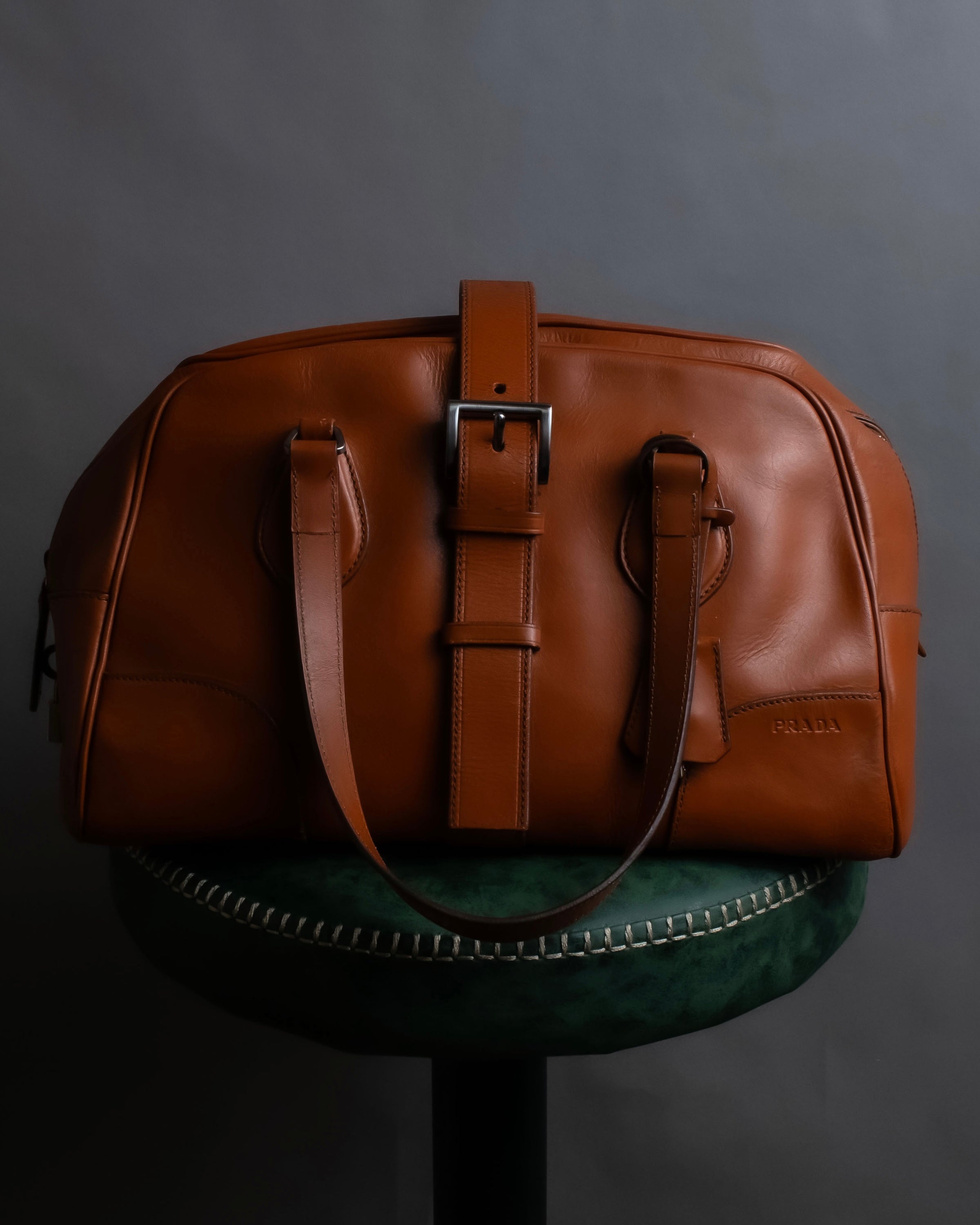 "PRADA" Belt flap detail rounded boston leather bag