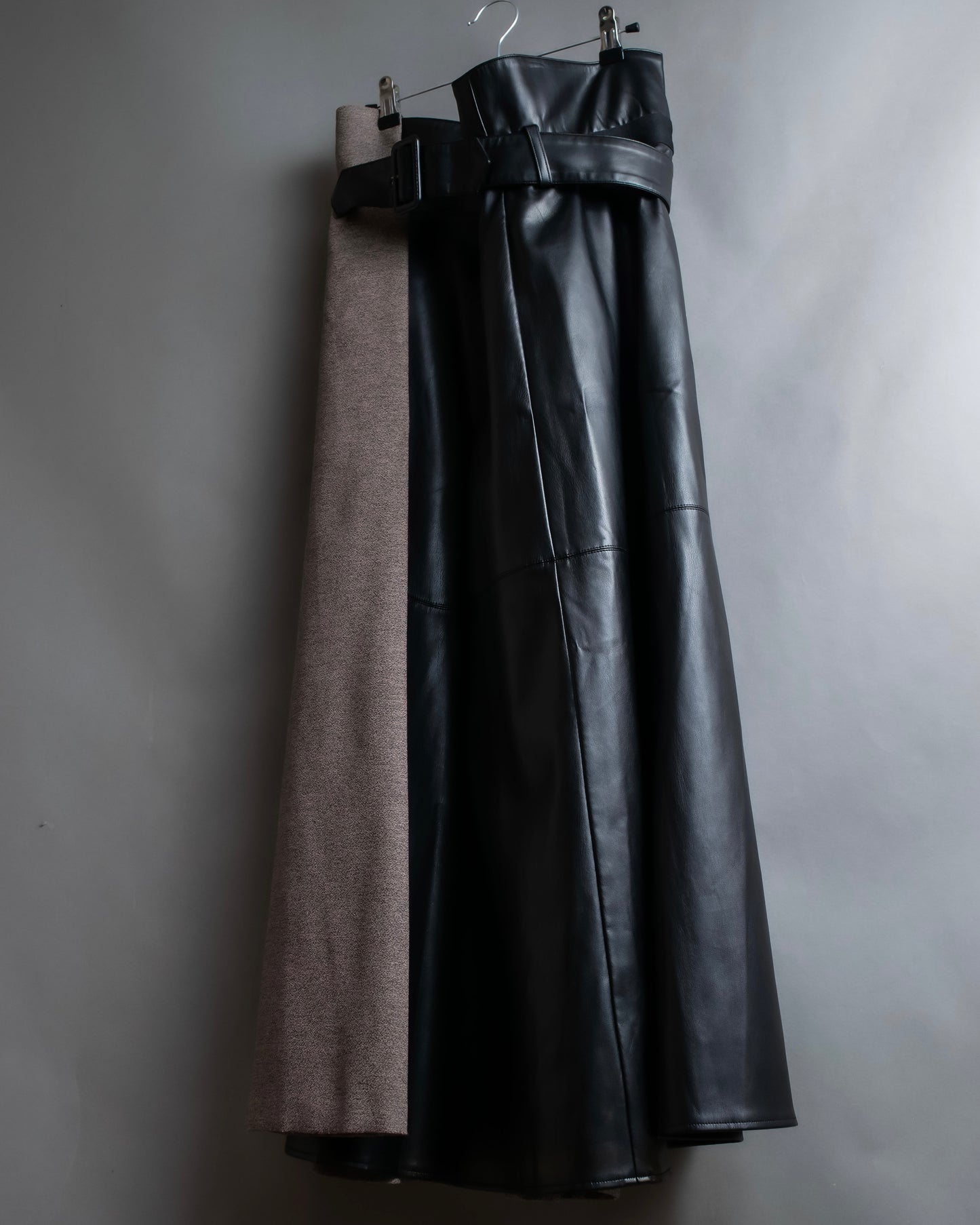 "ADORE" Synthetic leather docking belted maxi length flared skirt