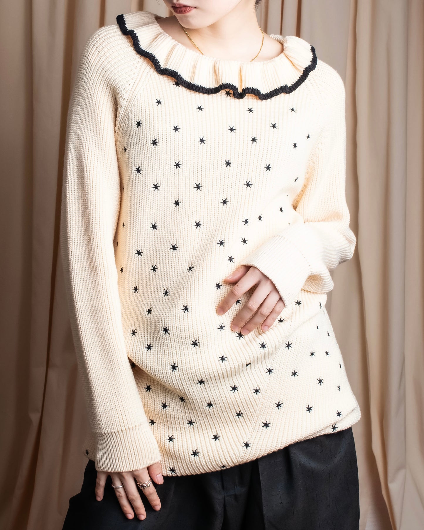 "Christian Dior" Star print frill detail cable knit tunic pullover