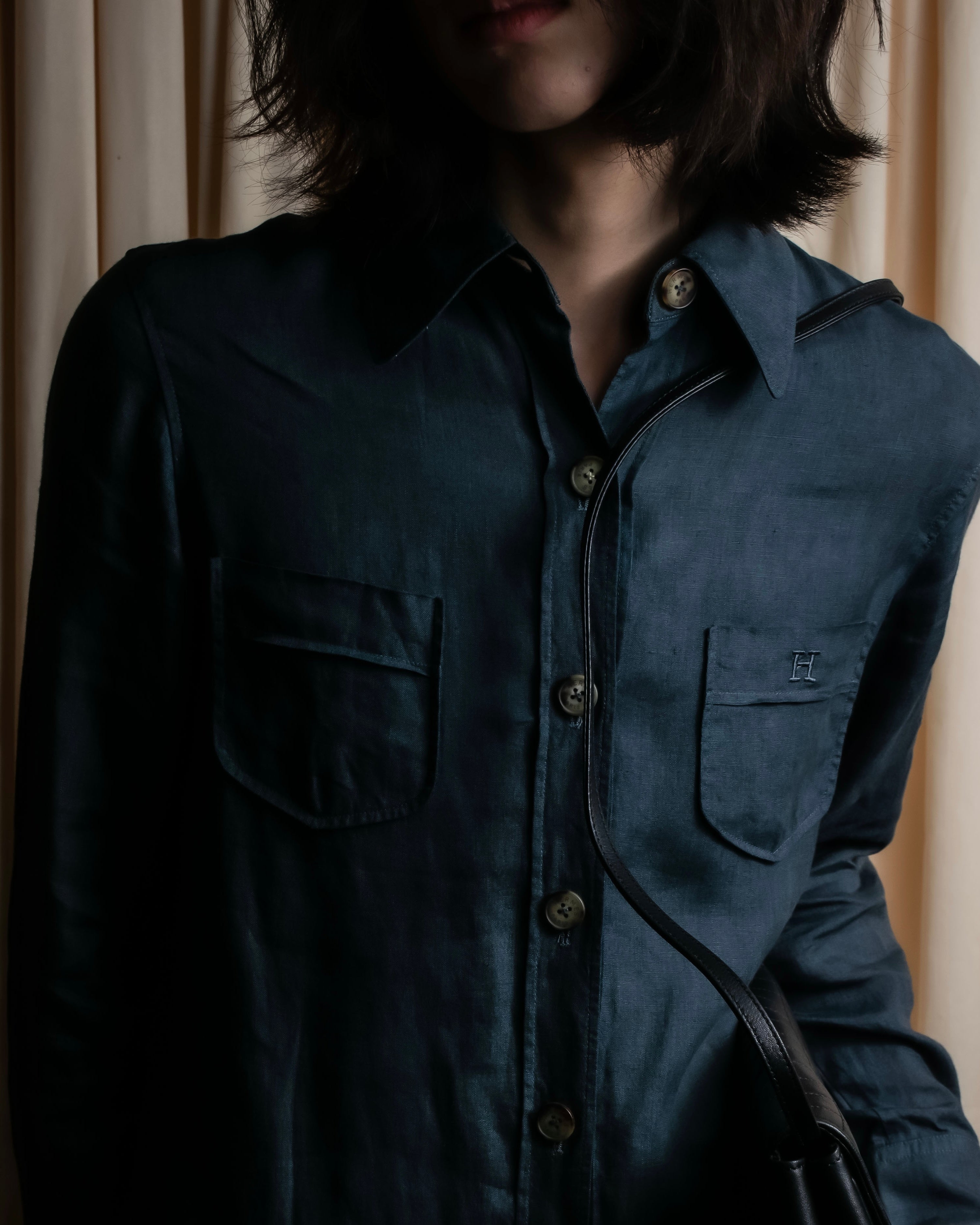 "HERMES" 90's Military detail linen long shirt dress