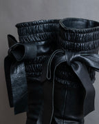 "MIU MIU" Gathered＆ribbon design zip-up leather long boots