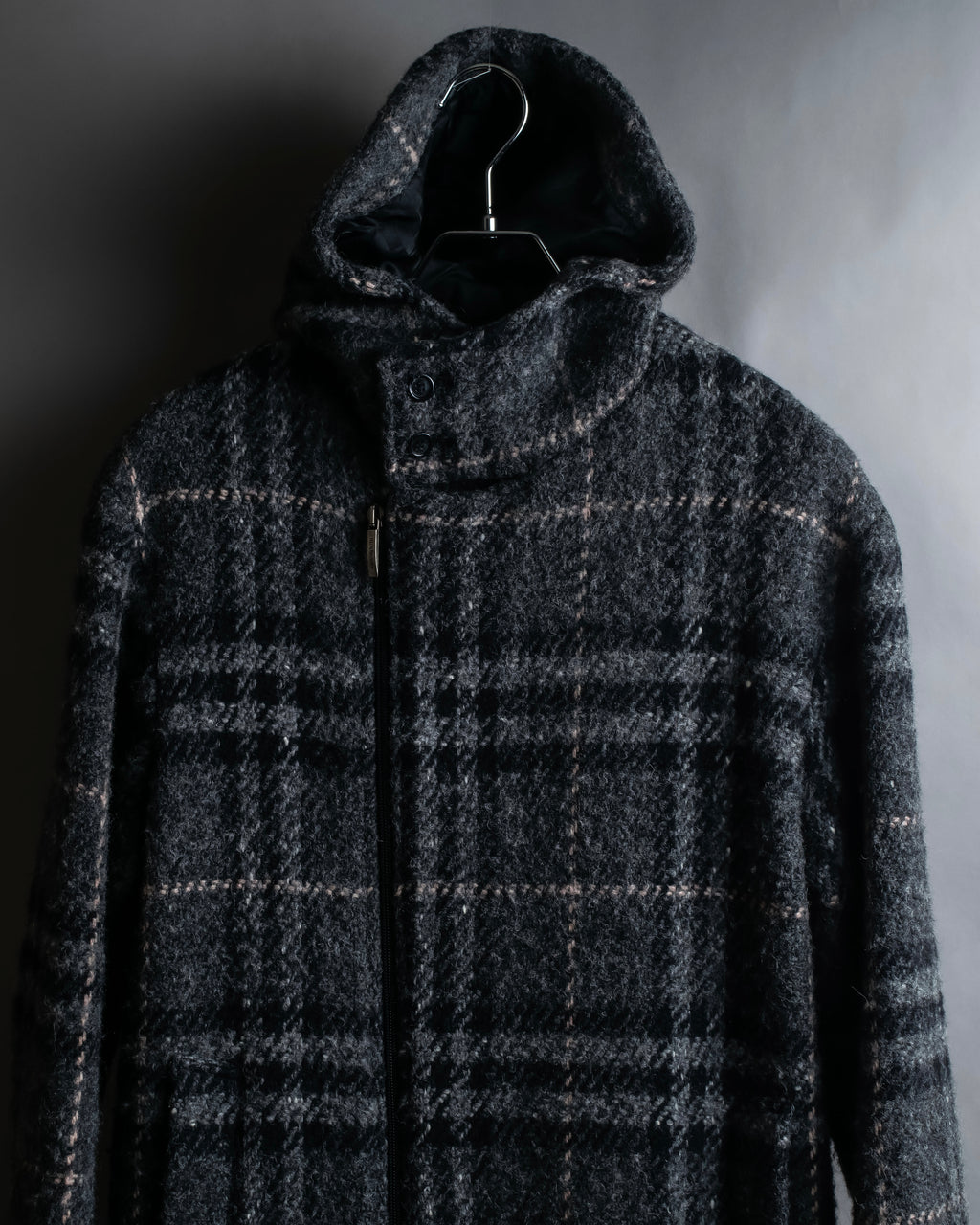 "BURBERRY" Check pattern double zipper hooded coat