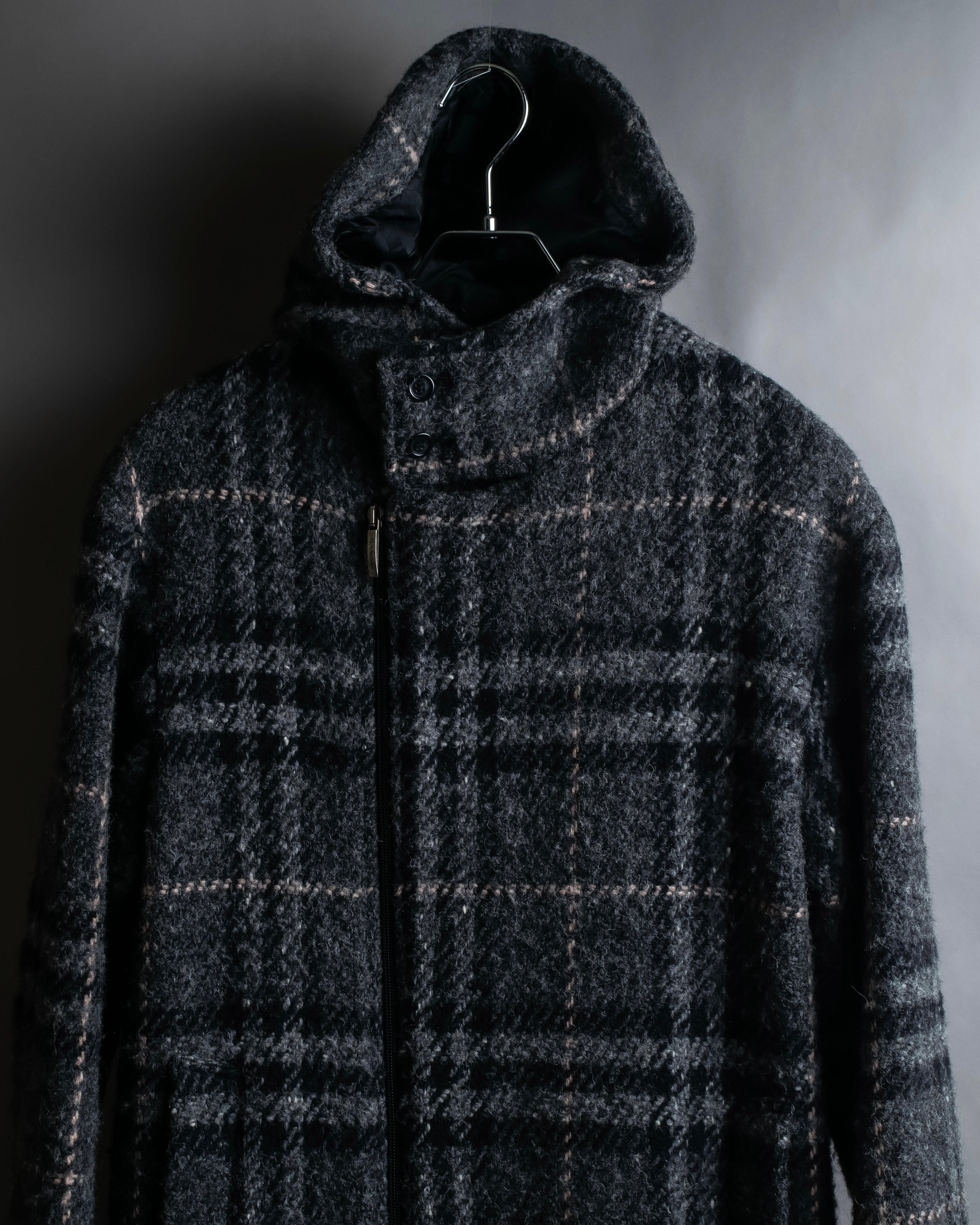 "BURBERRY" Check pattern double zipper hooded coat