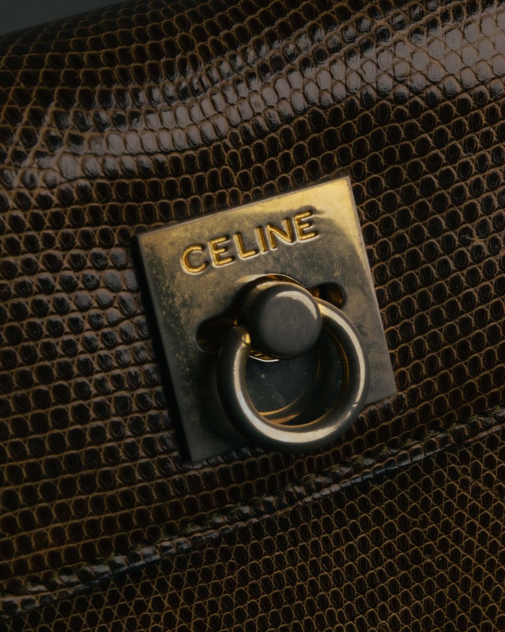 "CELINE" 70's-80's Structured lizard embossed leather top handle handbag