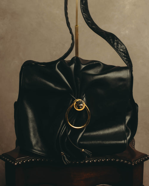 -SPECIAL- "Gucci" 80's Vintage tiger head leather draping shoulder bag with crest charm