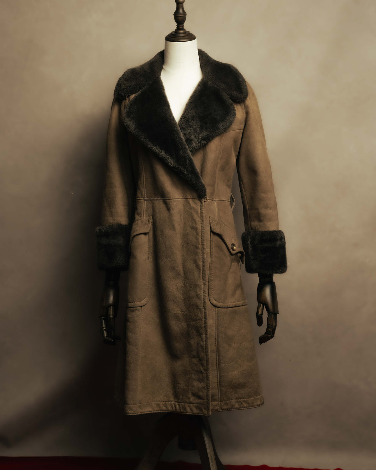 “LOEWE” 70’s-early 90’s Suede shearling belted long coat