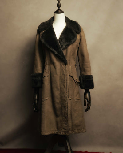 “LOEWE” 70’s-early 90’s Suede shearling belted long coat
