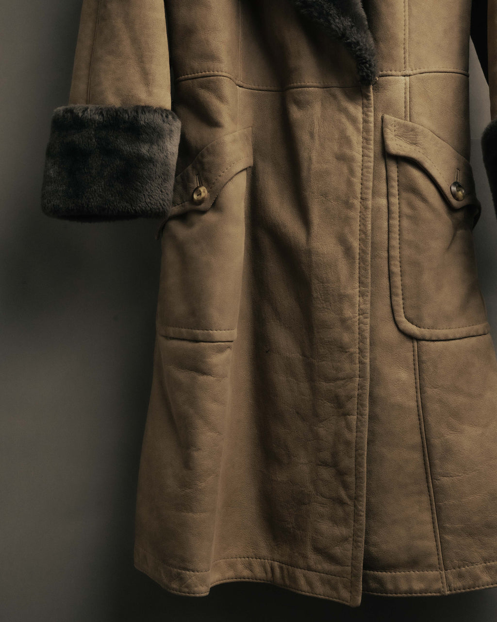 “LOEWE” 70’s-early 90’s Suede shearling belted long coat