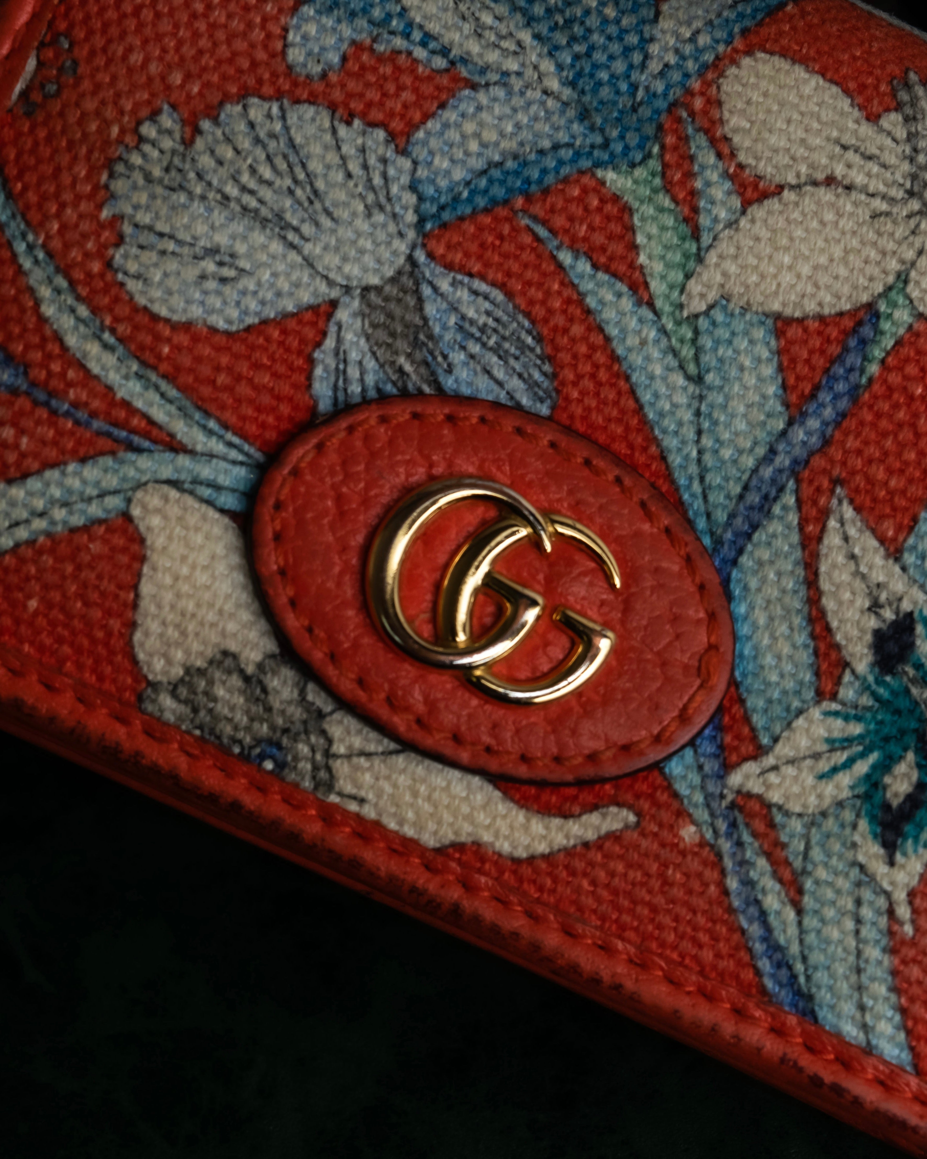 "GUCCI" Botanical pattern double G motif leather bifold wallet