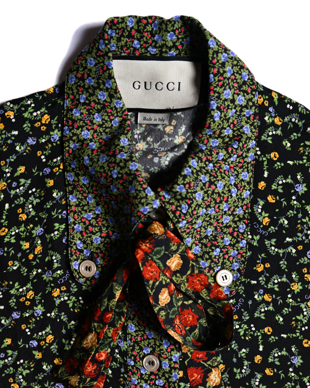 GUCCI × LIBERTY LONDON/ 2020AW Original Floral Pattern Fabric Ribbon Tie Button Down Shirt