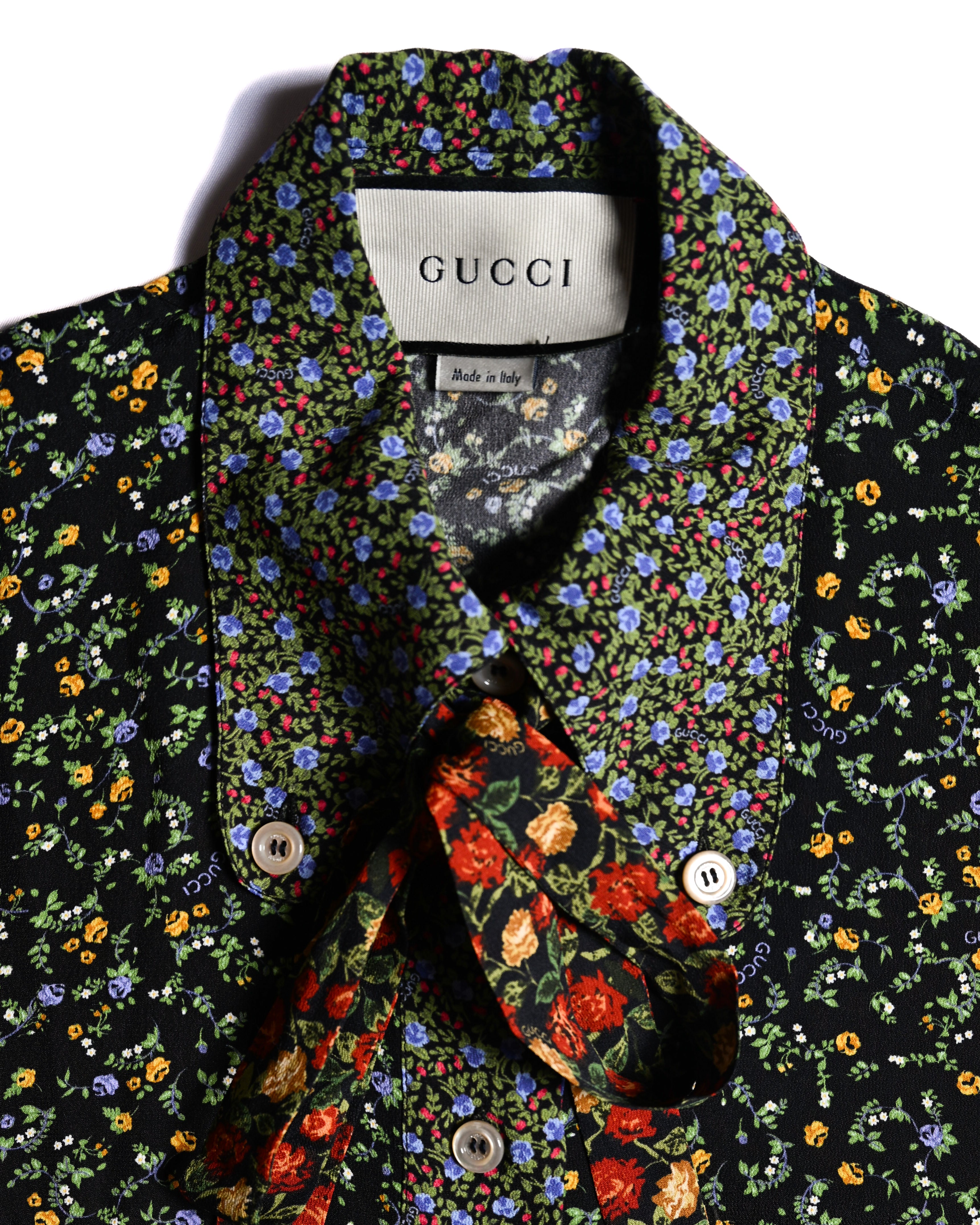 GUCCI × LIBERTY LONDON/ 2020AW Original Floral Pattern Fabric Ribbon Tie Button Down Shirt