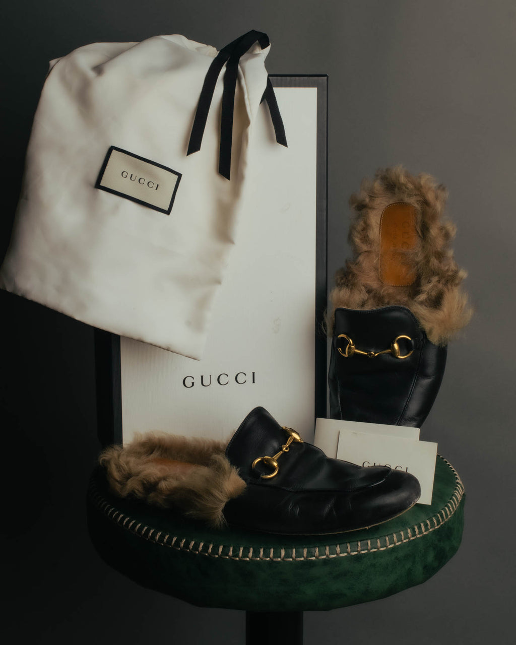 "GUCCI" 2010's Fur lined horsebit backless loafer