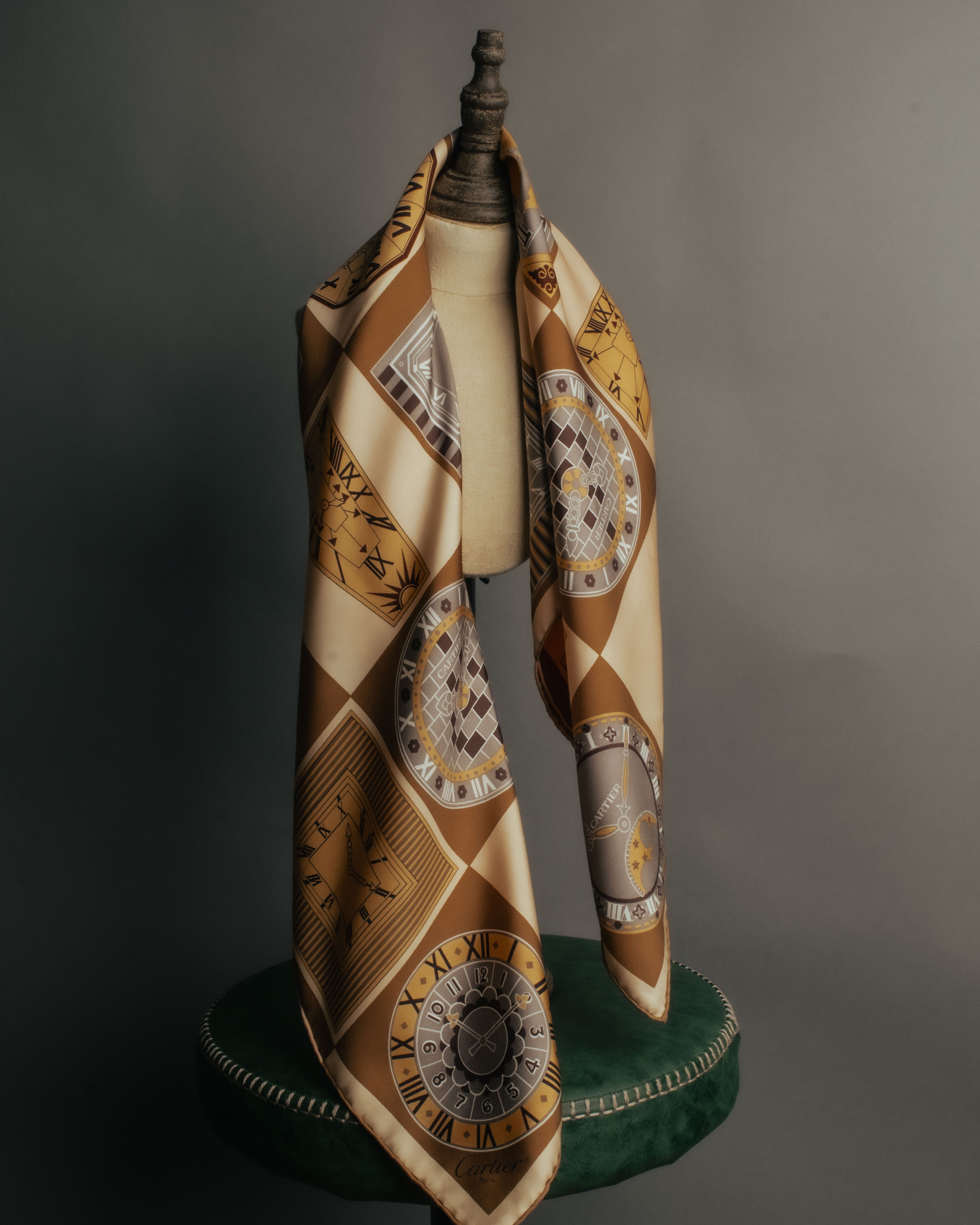 “Cartier“ 80’s-90’s Timepiece motif silk scarf