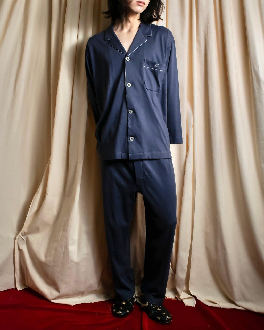 "CELINE" Piping design blue pajama set up