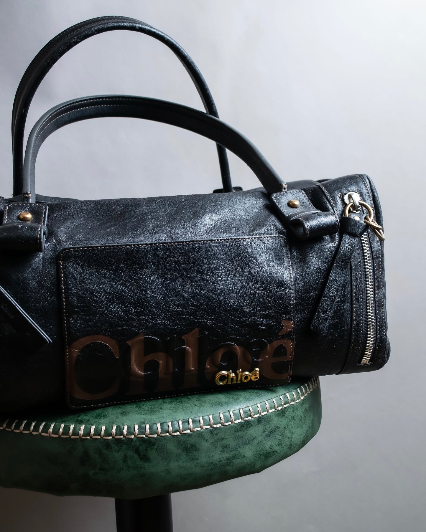 "Chloe" Eclipse series logo engraved leather mini boston bag