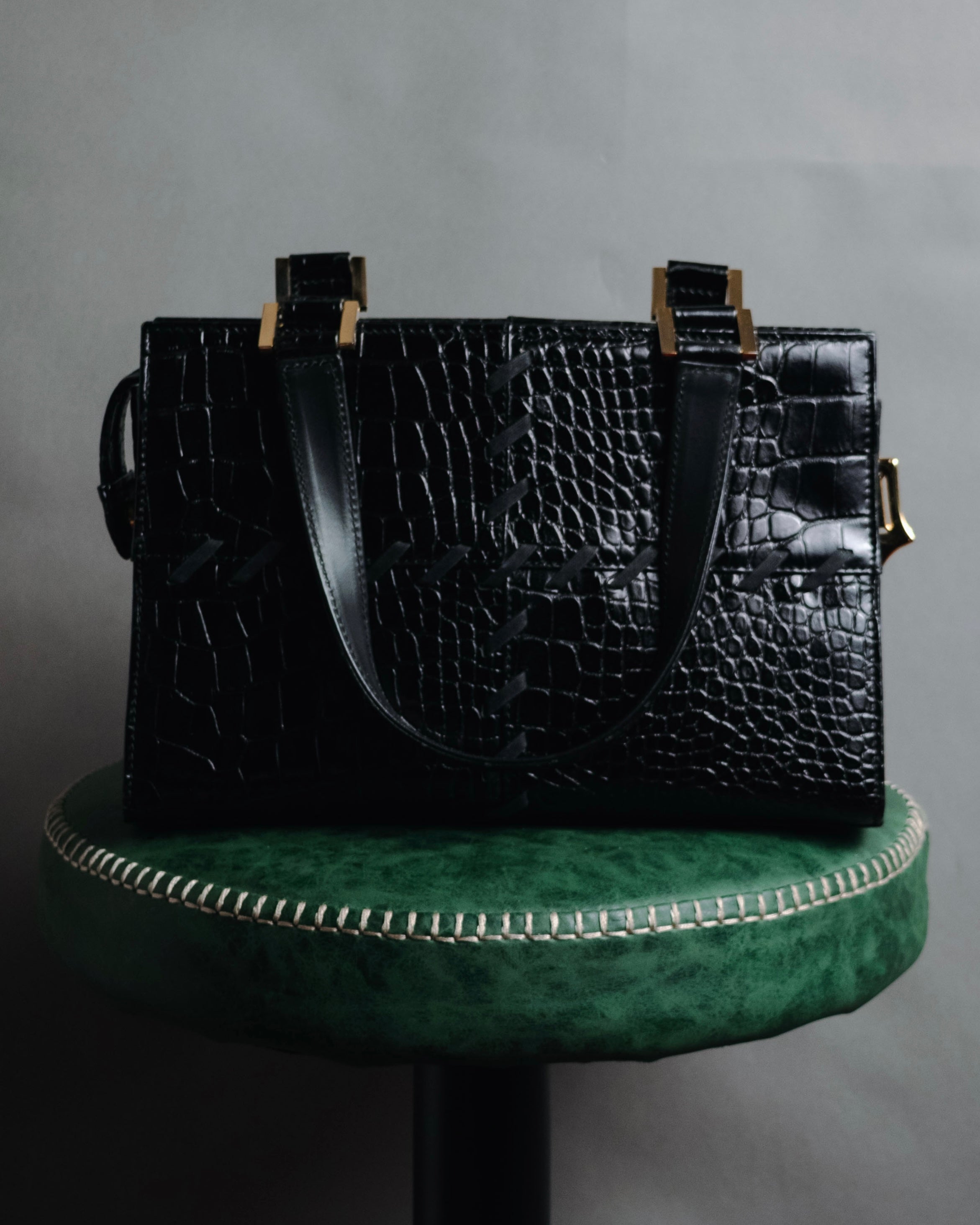 "YVES SAINT LAURENT" 90’s crocodile embossed lace up handbag