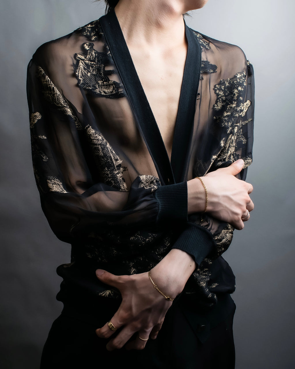 "HERMES" Embroidered design see through cardigan