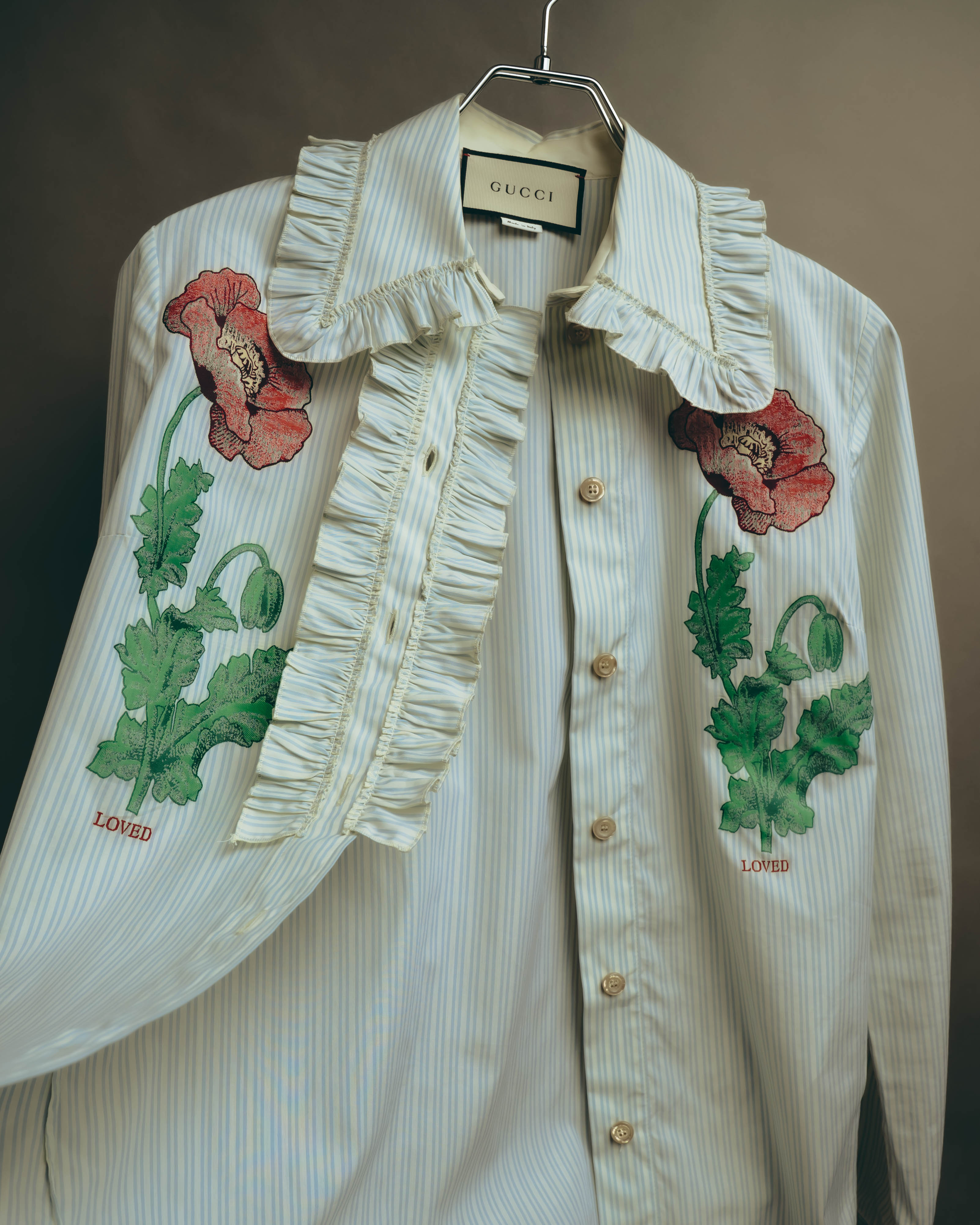-SPECIAL- “GUCCI” 2017-2019 Floral embroidered ruffled striped shirt