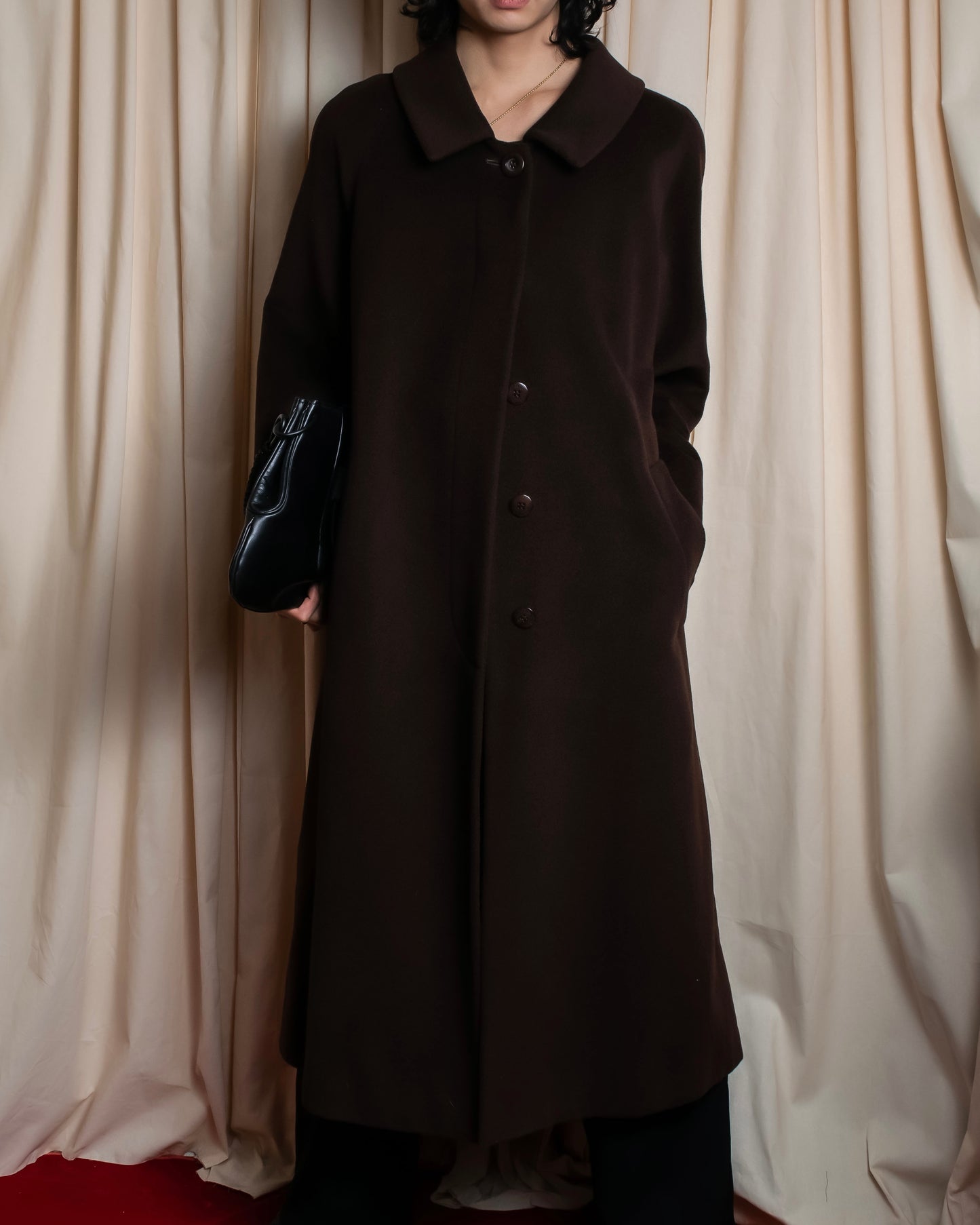 "BURBERRYS" Fly front deep brown soutien collar super long coat