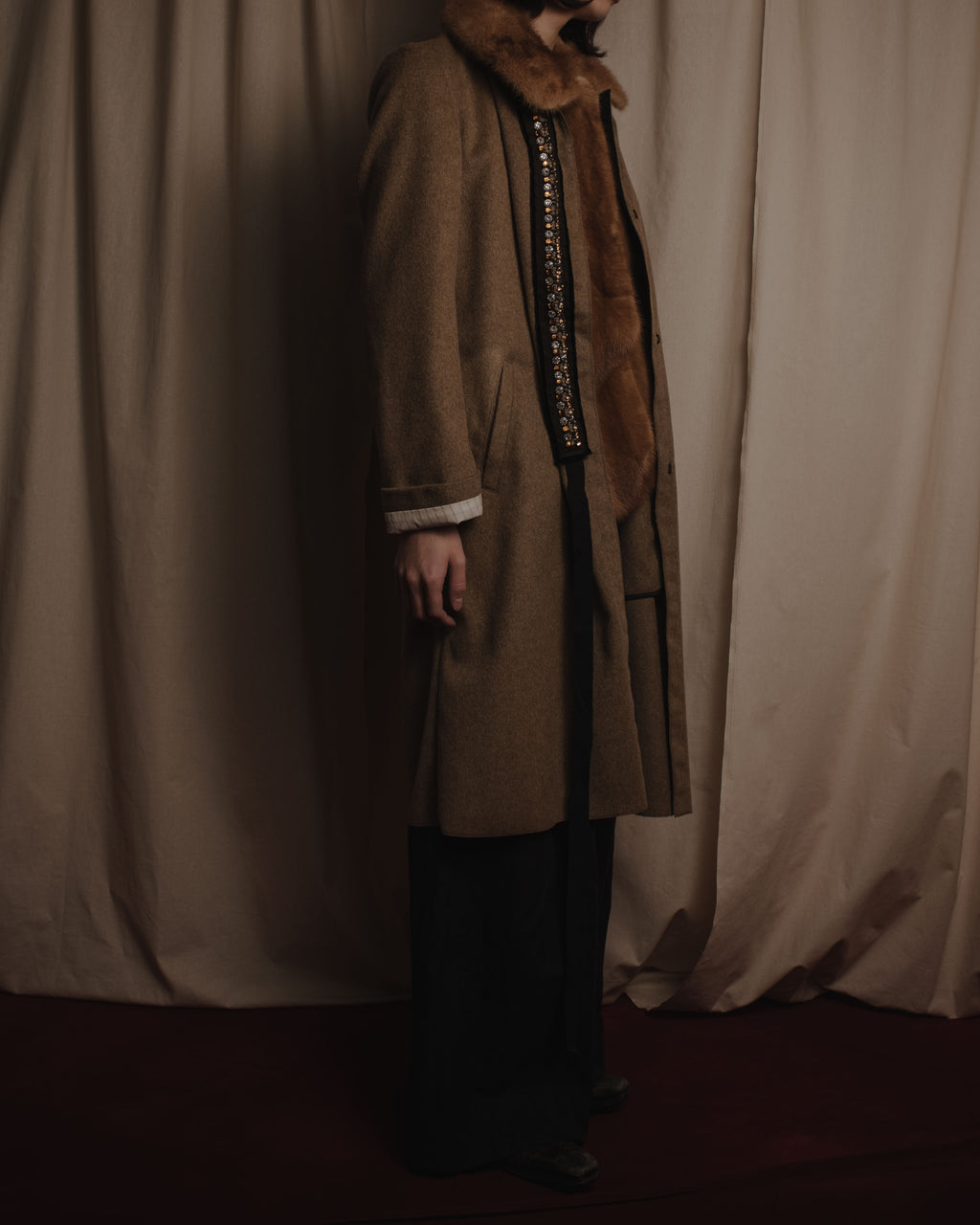 "PRADA" 90’s-00’s embellished fur-collar stretch tech coat