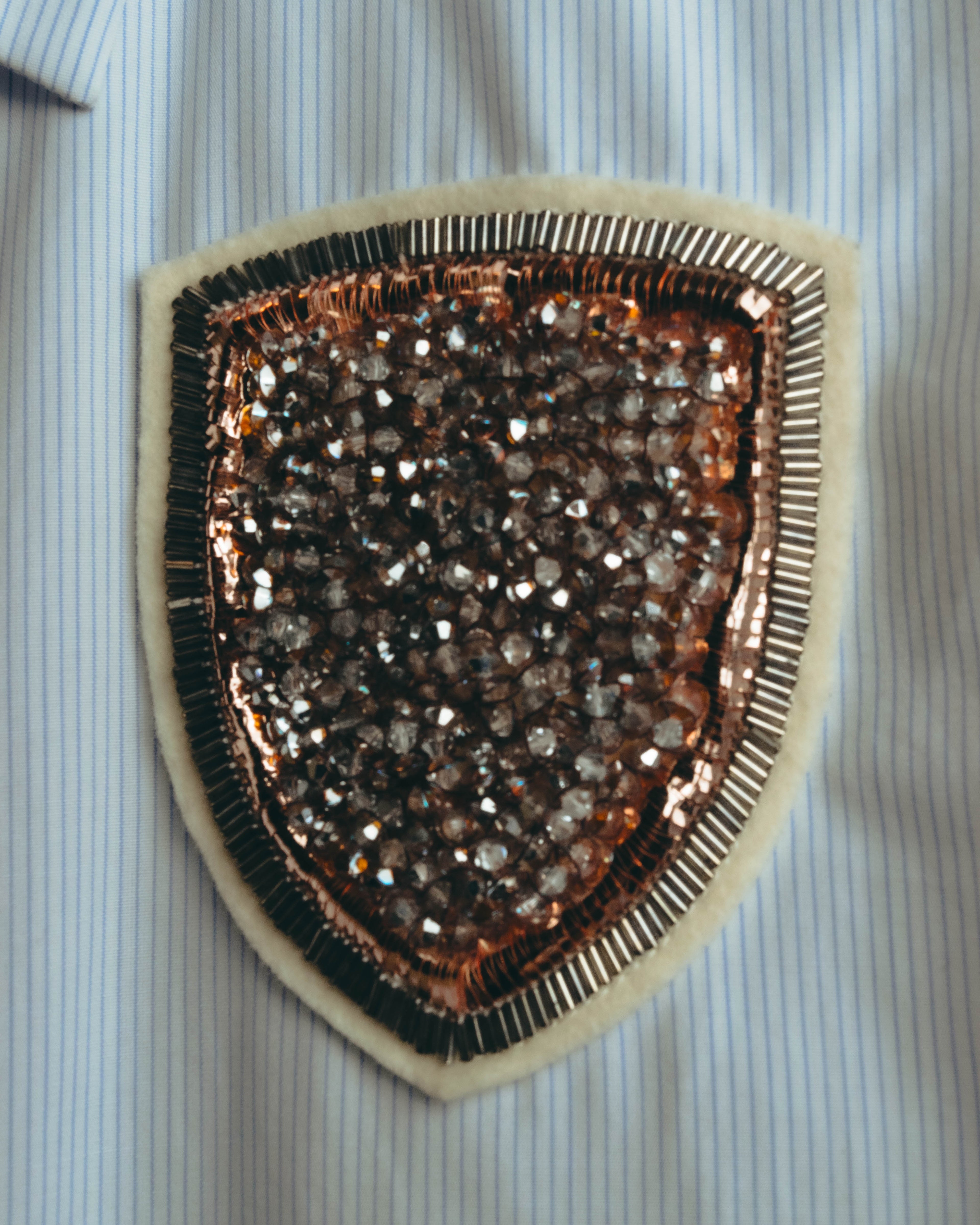 -SPECIAL- "Christian Dior" 00's-10's Embellished shield crest striped ruched sleeve shirt