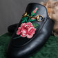 "GUCCI" Rose＆leaf embroidery princetown loafers