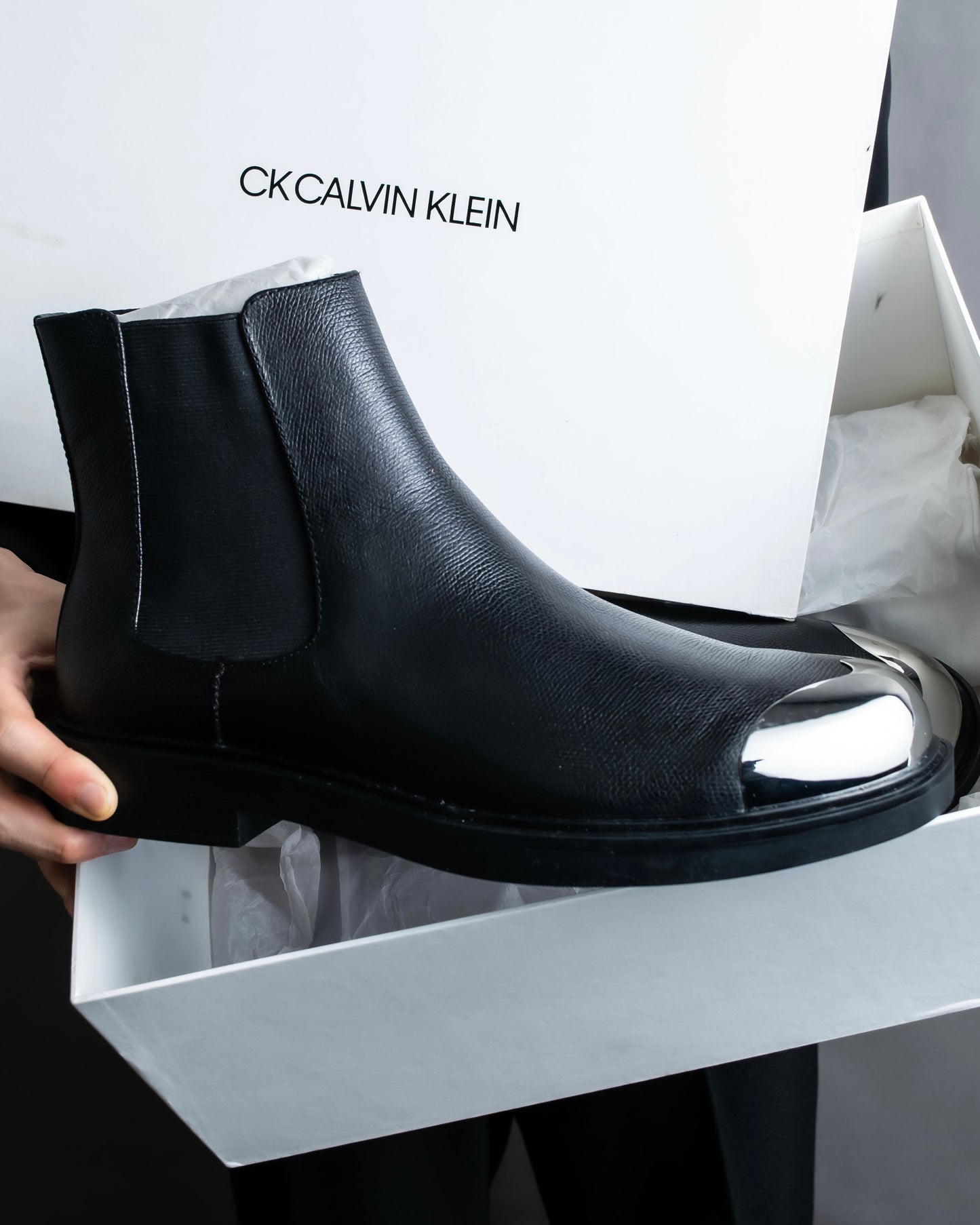 "CALVIN KLEIN" Silver metal toe cap side gore boots