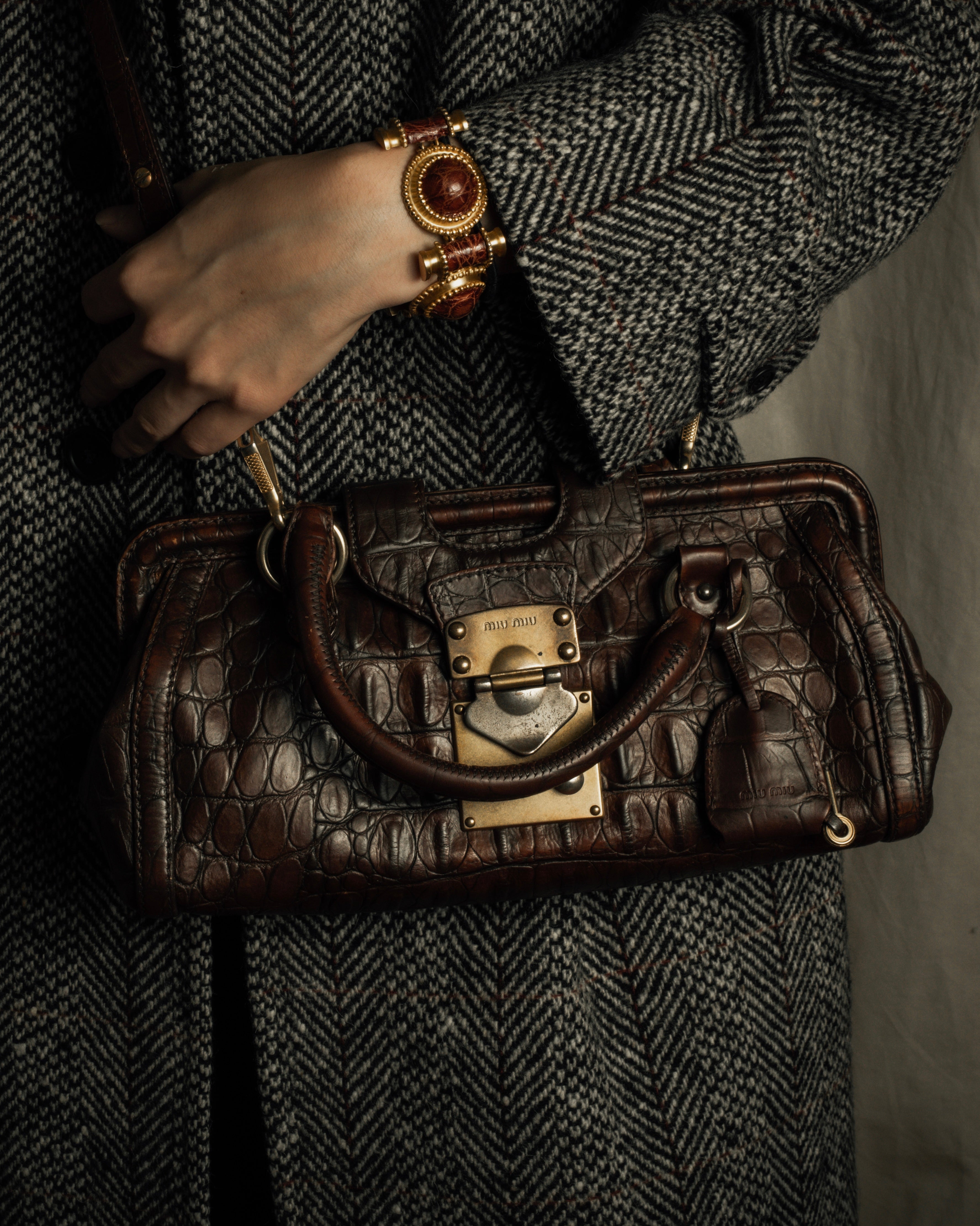 "MIU MIU" Antique design crocodile embossed leather 2way bag