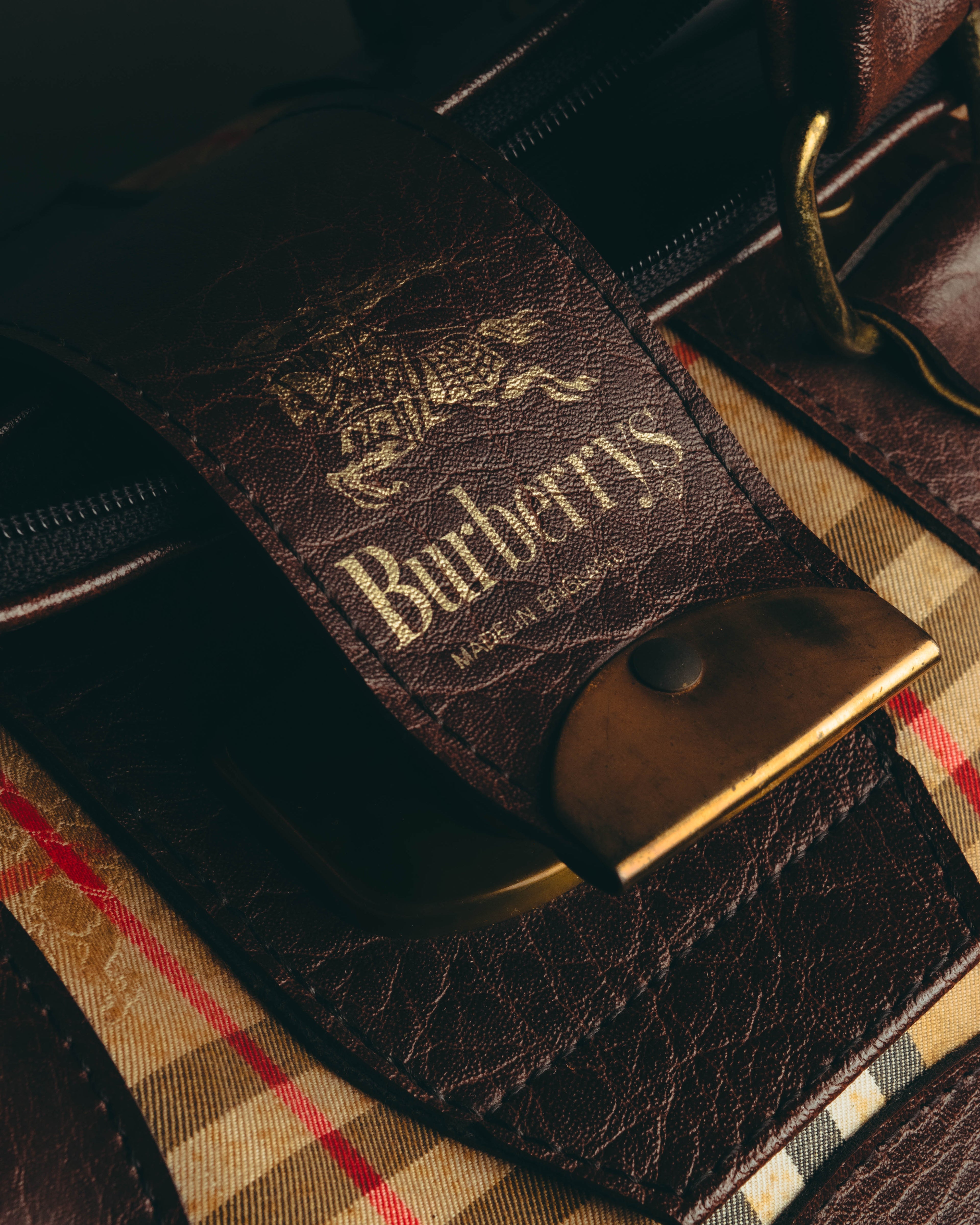-SPECIAL- "Burberrys" 80's-90's Classic check textured leather boston bag