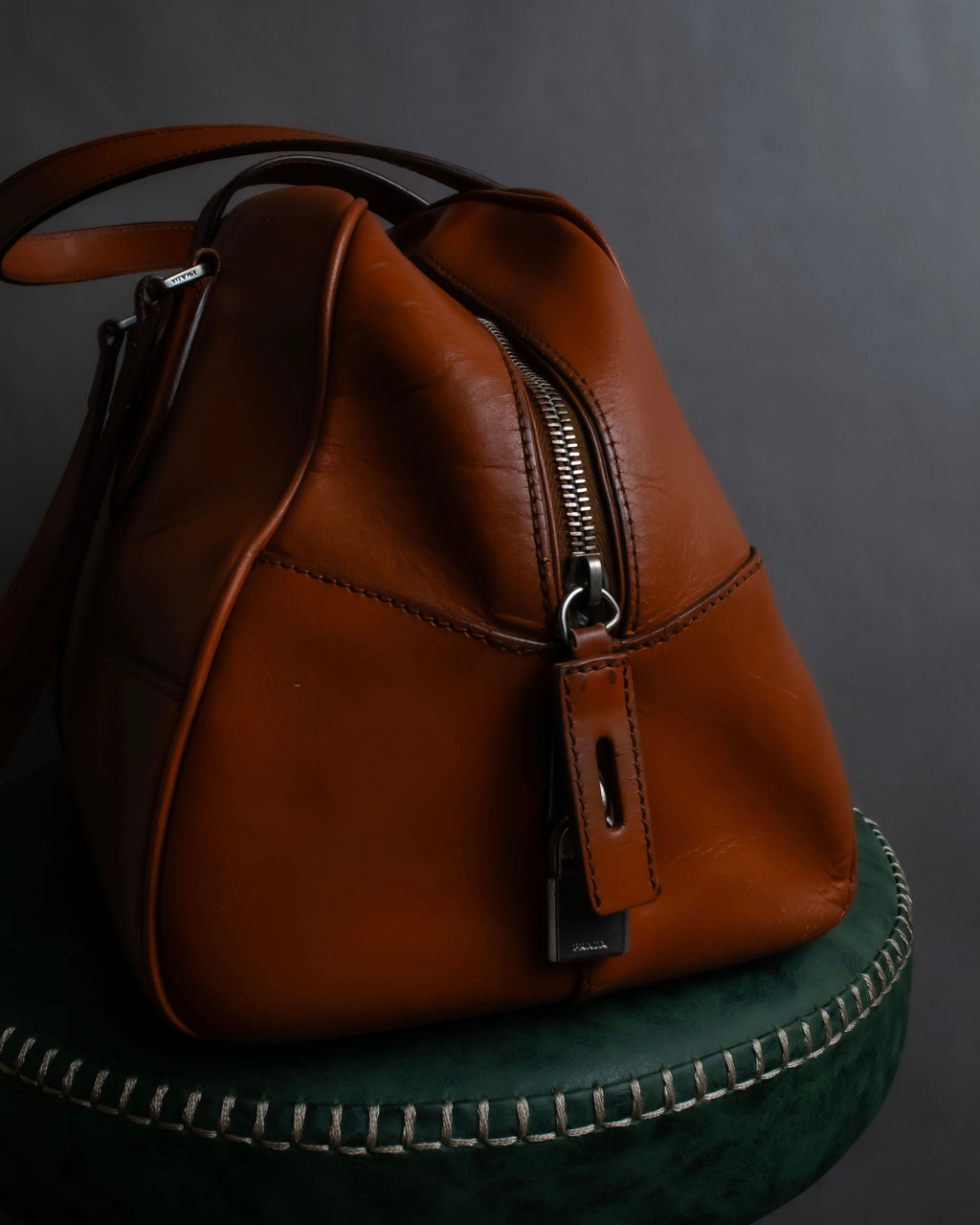 "PRADA" Belt flap detail rounded boston leather bag