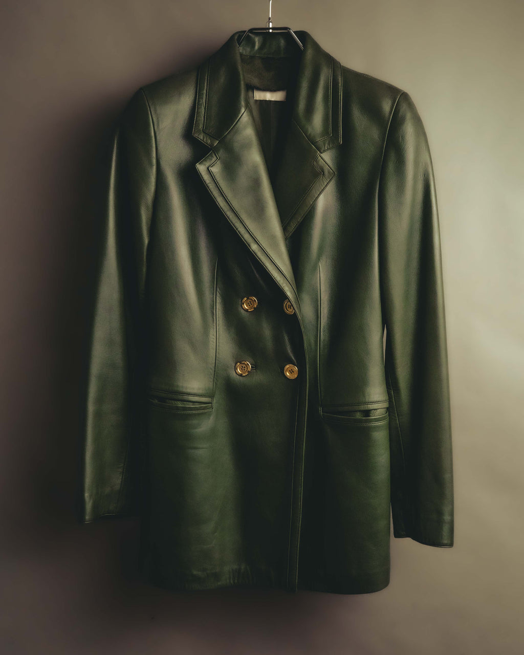 -SPECIAL- “LOEWE” 80’s-90’s Gold buttoned olive leather double-breasted tailored jacket