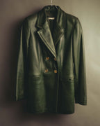-SPECIAL- “LOEWE” 80’s-90’s Gold buttoned olive leather double-breasted tailored jacket