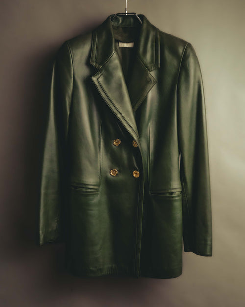 -SPECIAL- “LOEWE” 80’s-90’s Gold buttoned olive leather double-breasted tailored jacket