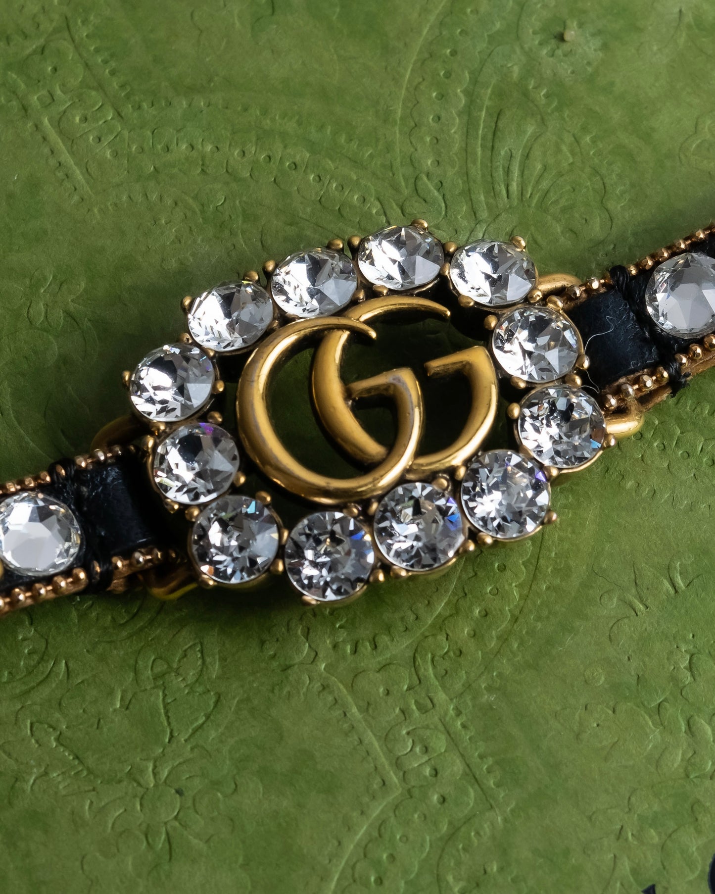 "GUCCI" Double G motif rhinestone leather bracelet