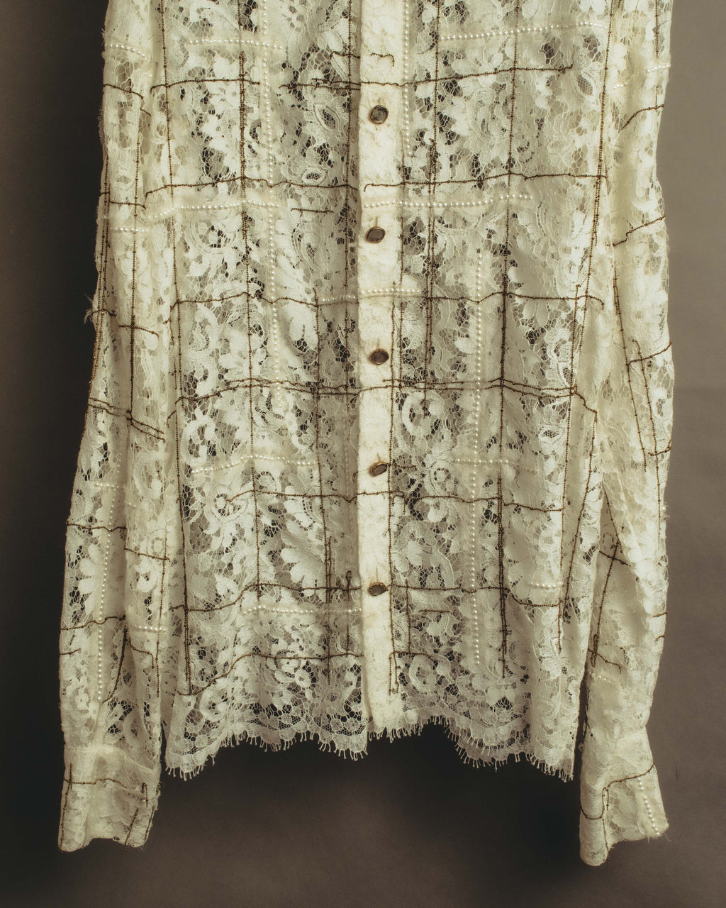 -SPECIAL- "CHANEL" 10's-20's Embellished floral lace and pearl check oversized shirt
