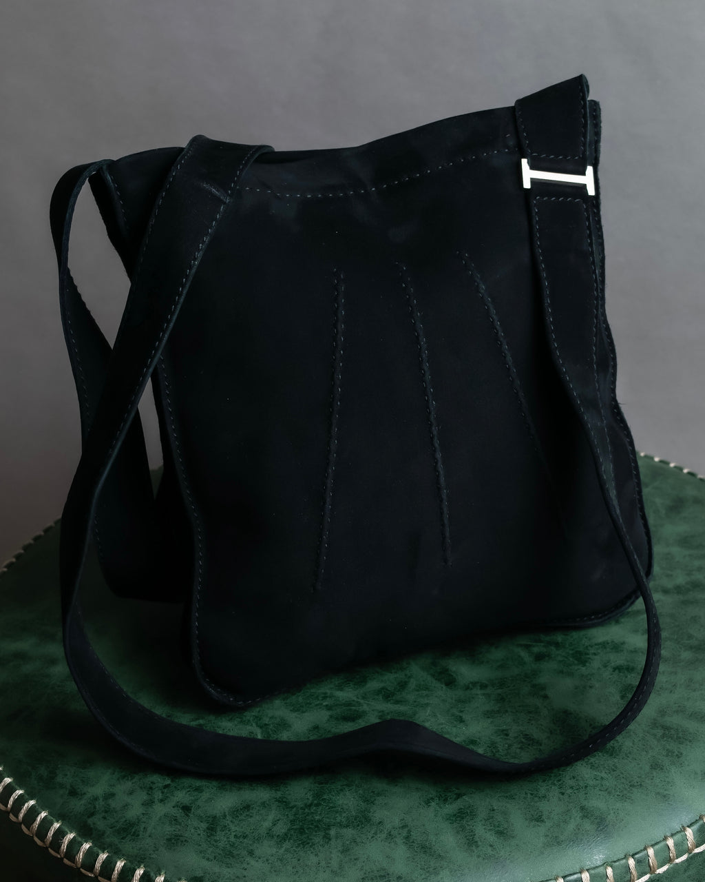 "HERMES" Tout en Douceur black suede panel line shoulder bag