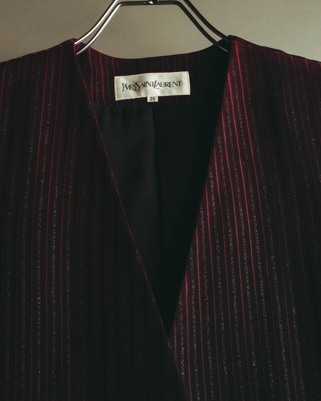 -SPECIAL- “Yves Saint Laurent“ 80's-90's Swiss fabric lurex stripe collarless long jacket