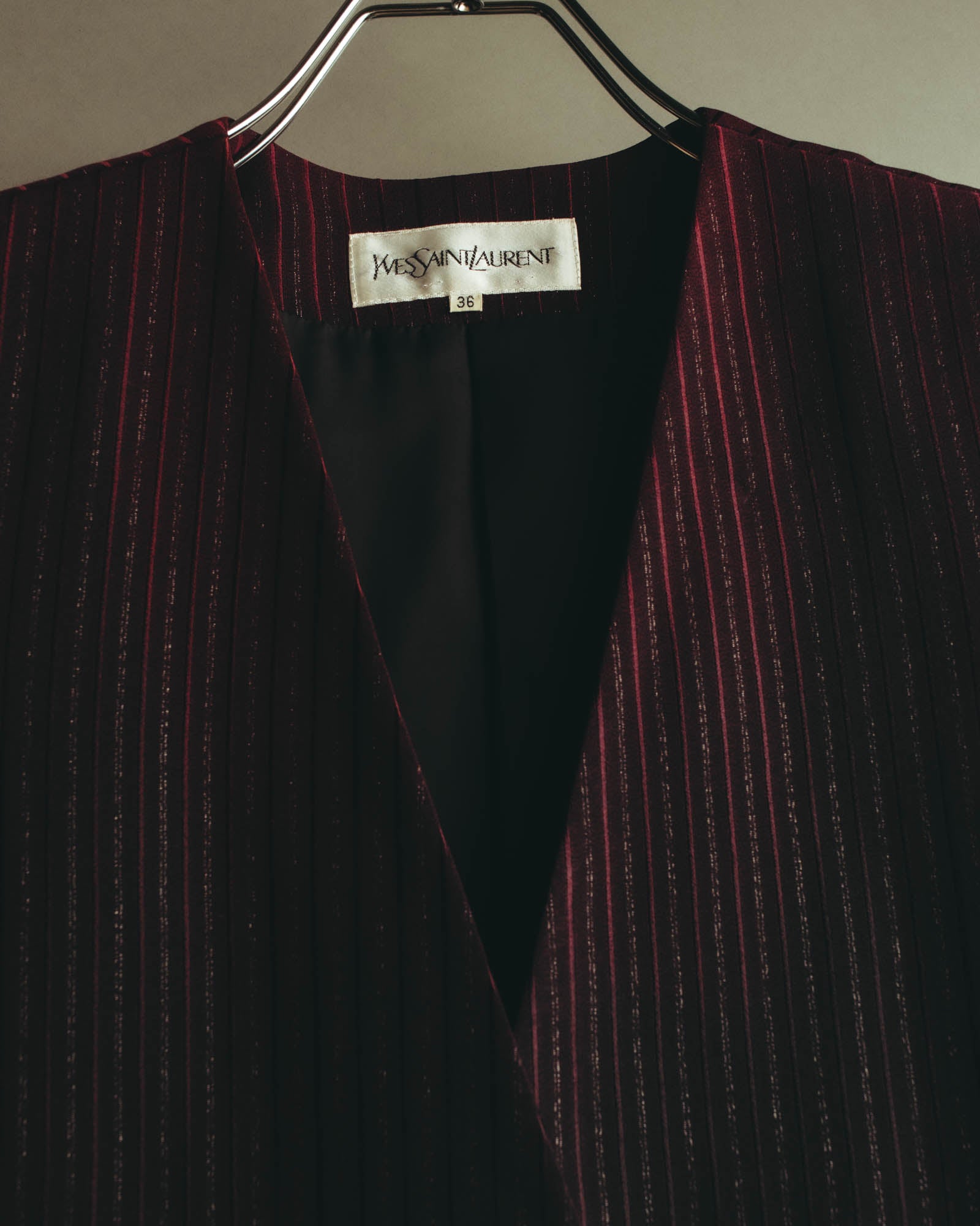 -SPECIAL- “Yves Saint Laurent“ 80's-90's Swiss fabric lurex stripe collarless long jacket