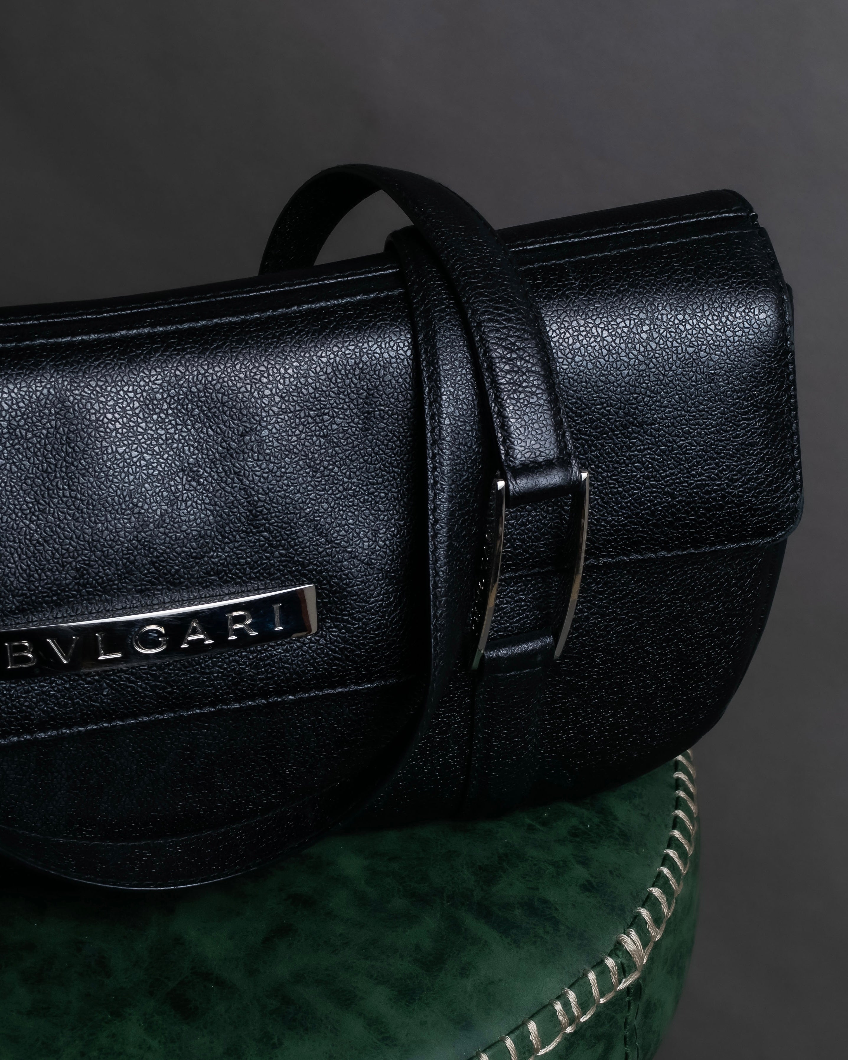 "BVLGARI" Horizontal form engraved logo leather bag