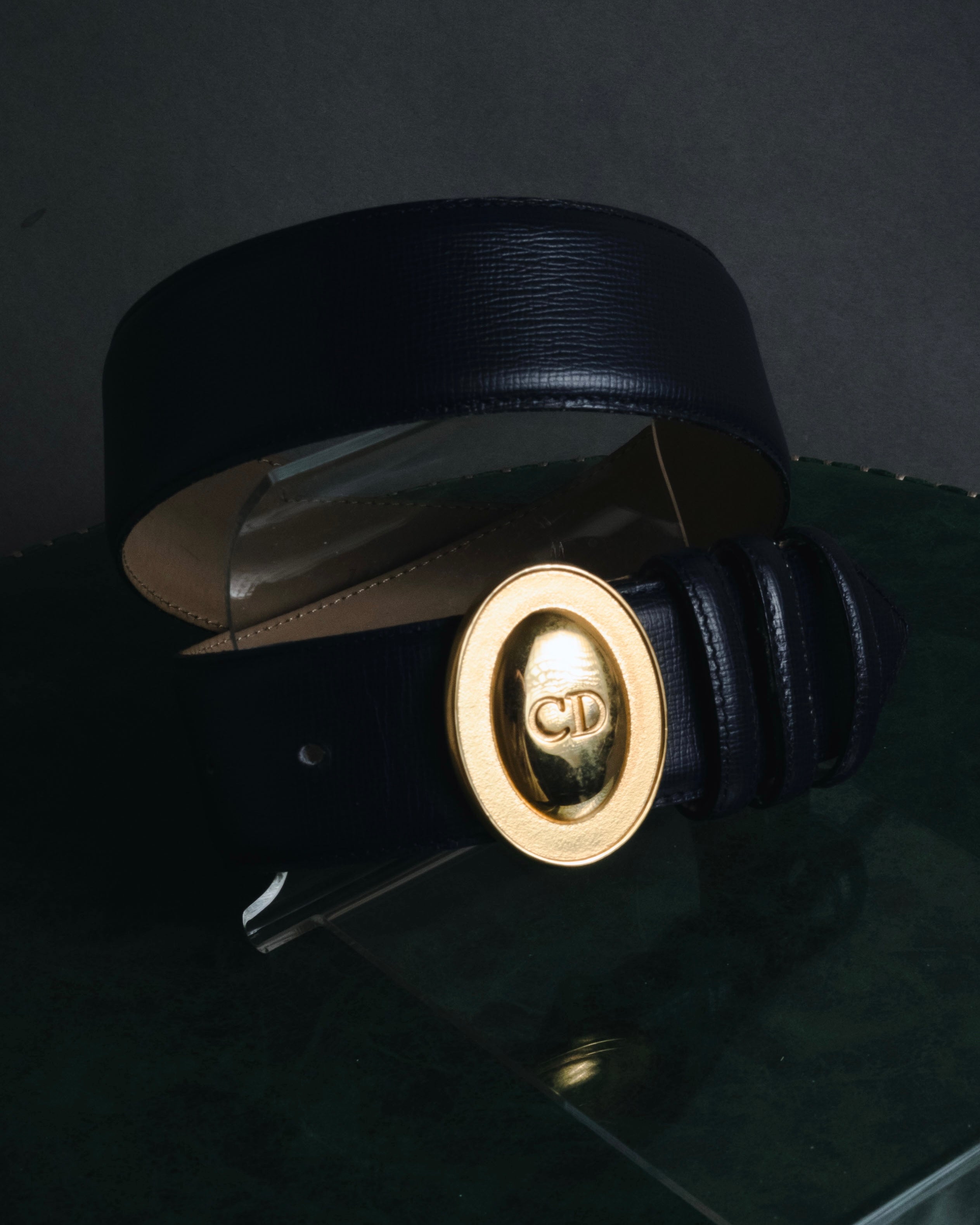 "Christian Dior" Oval Logo Buckle Structured Leather Belt