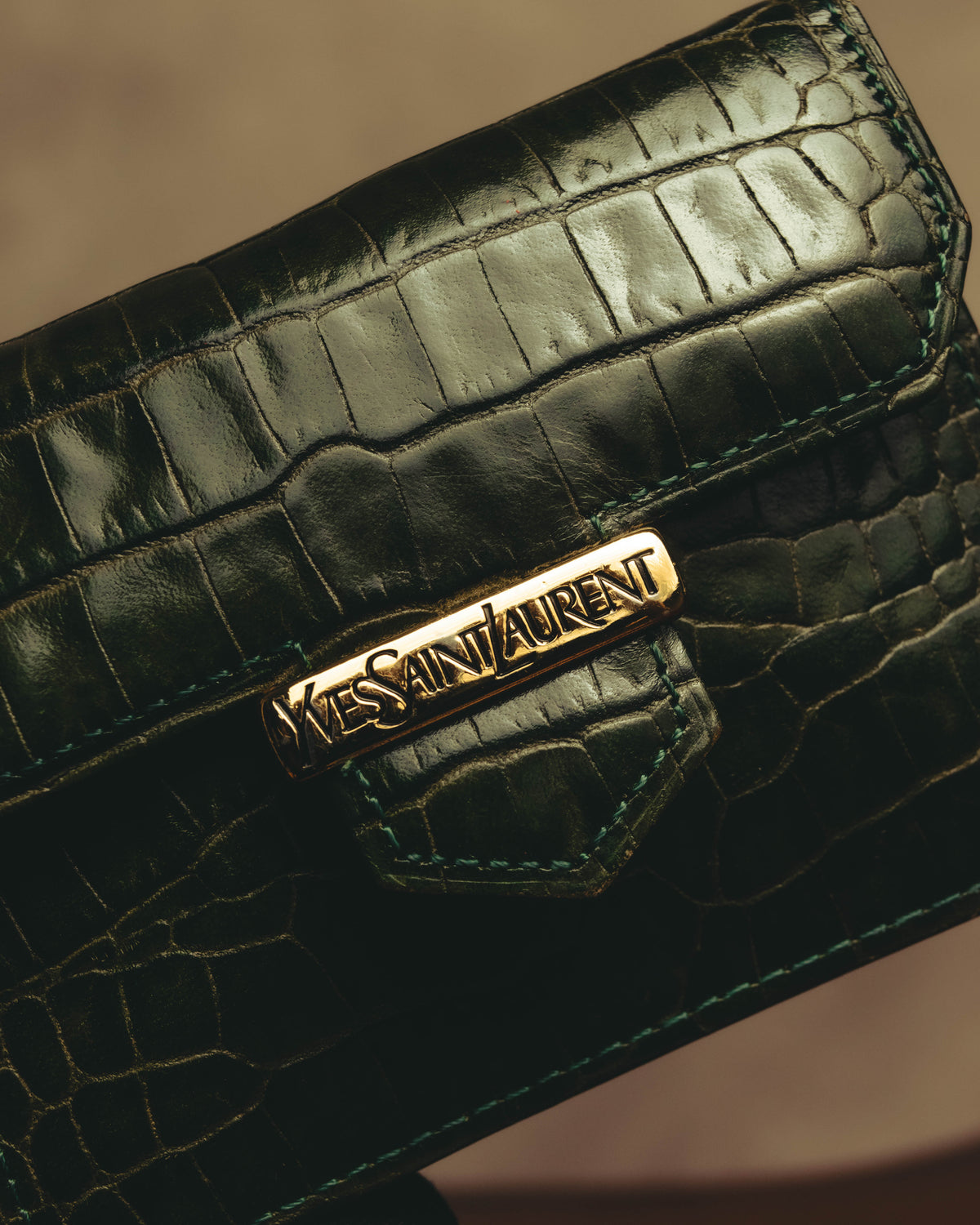 "Yves Saint Laurent" 80's Dark green crocodile compact wallet
