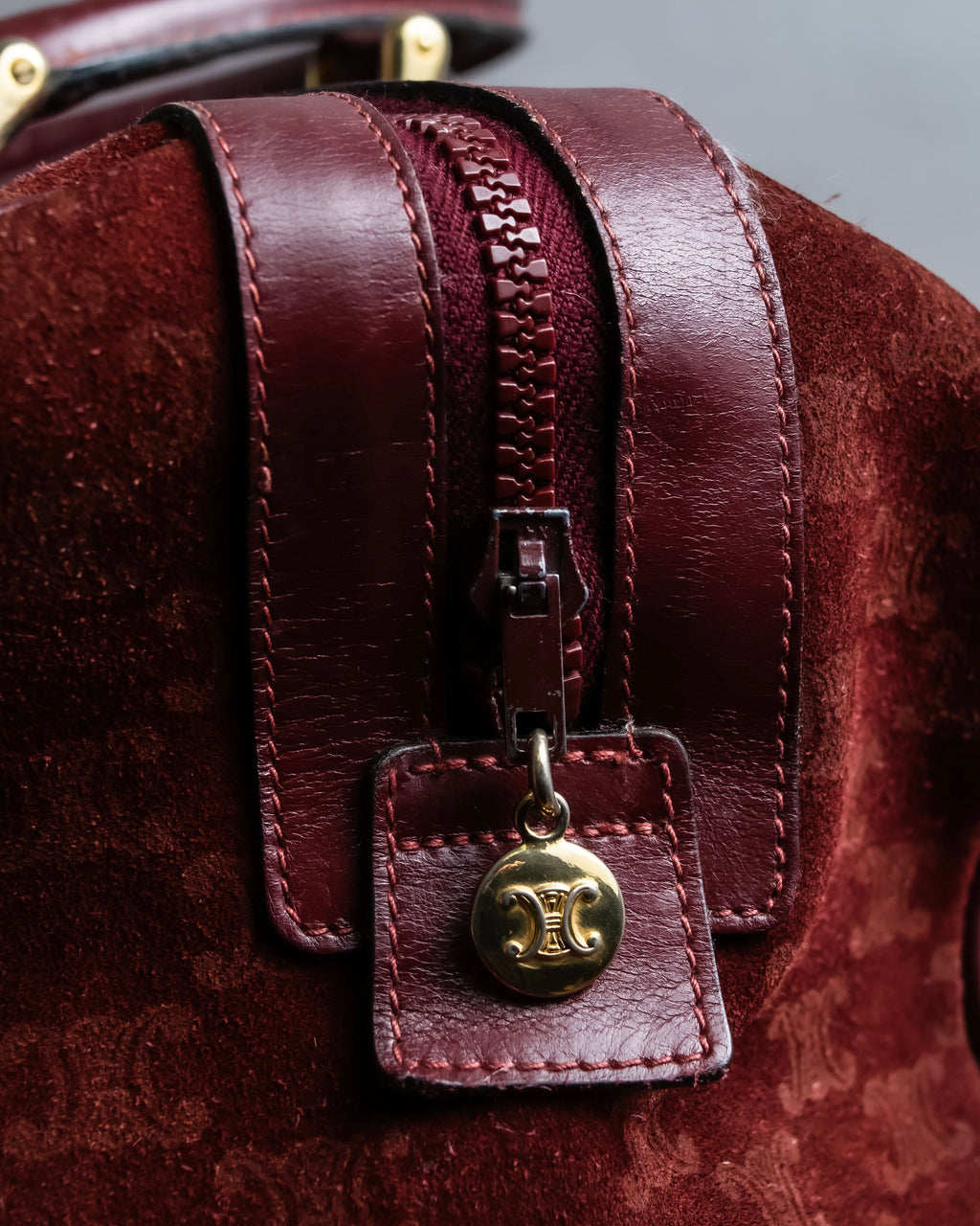 "CELINE" Triomphe motif Bordeaux color suede boston bag