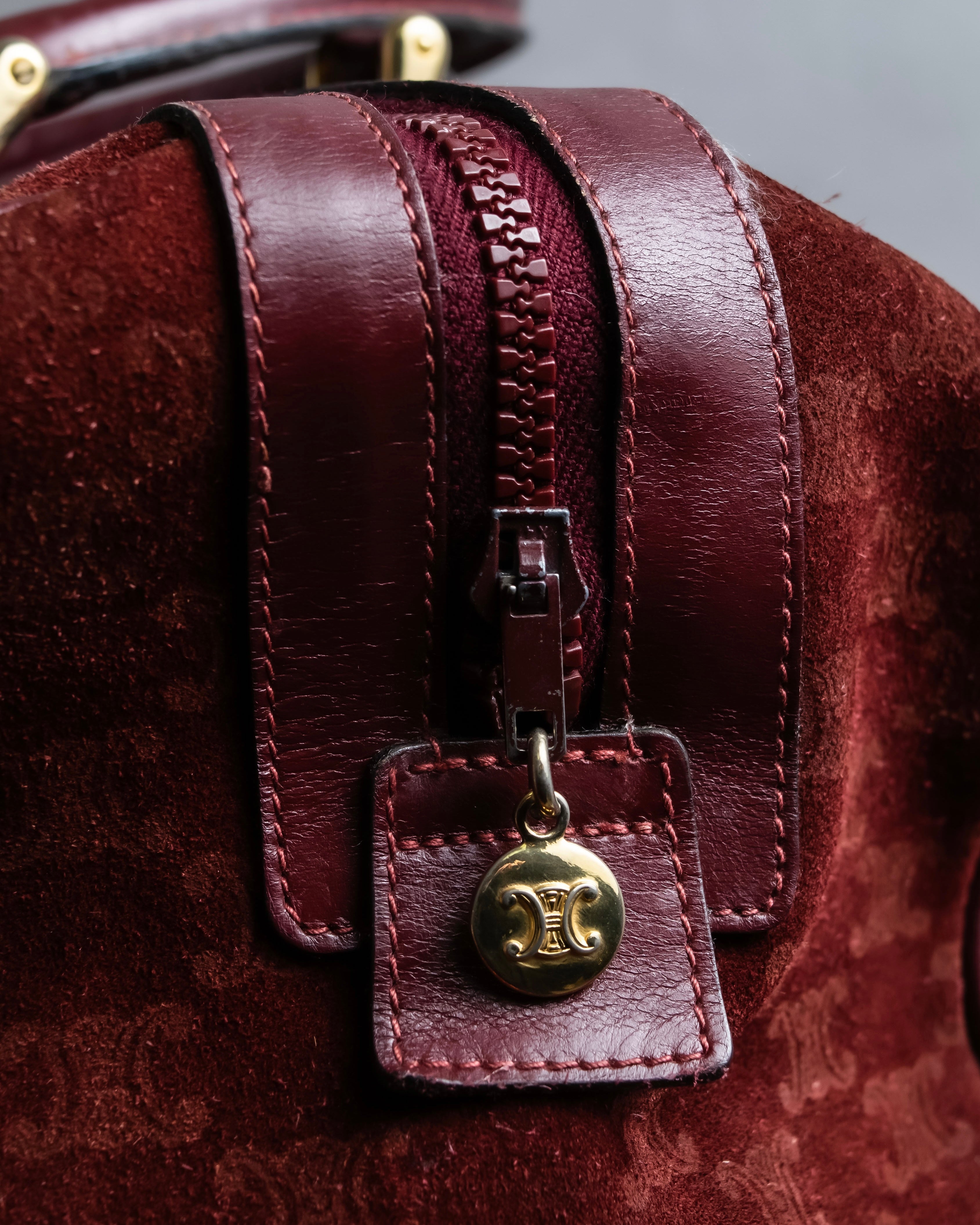 "CELINE" Triomphe motif Bordeaux color suede boston bag