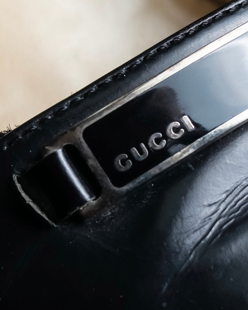 "GUCCI" Metal plate design leather heel pumps