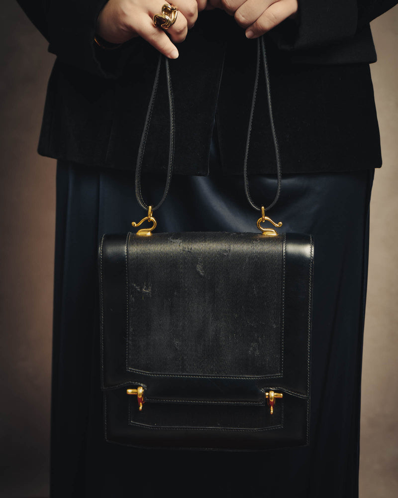 -SPECIAL- “HERMÈS” 80’s-90’s Camargue black leather and canvas shoulder bag