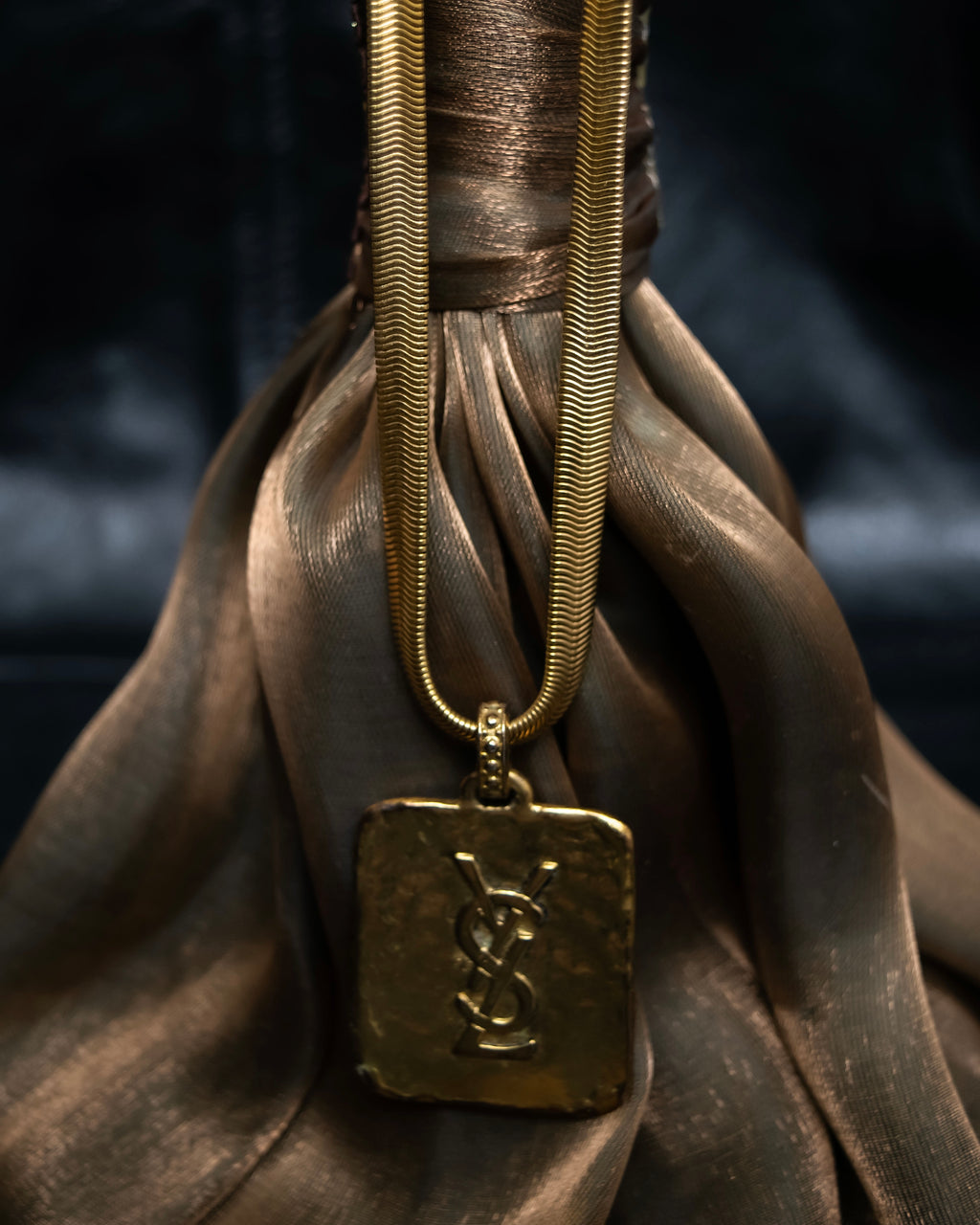 "Yves Saint Laurent" YSL logo plate gold necklace