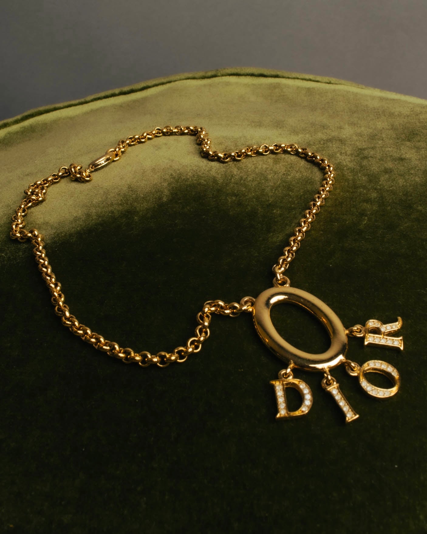 "Christian Dior" 90's-00's Gold tone logo charm pendant necklace