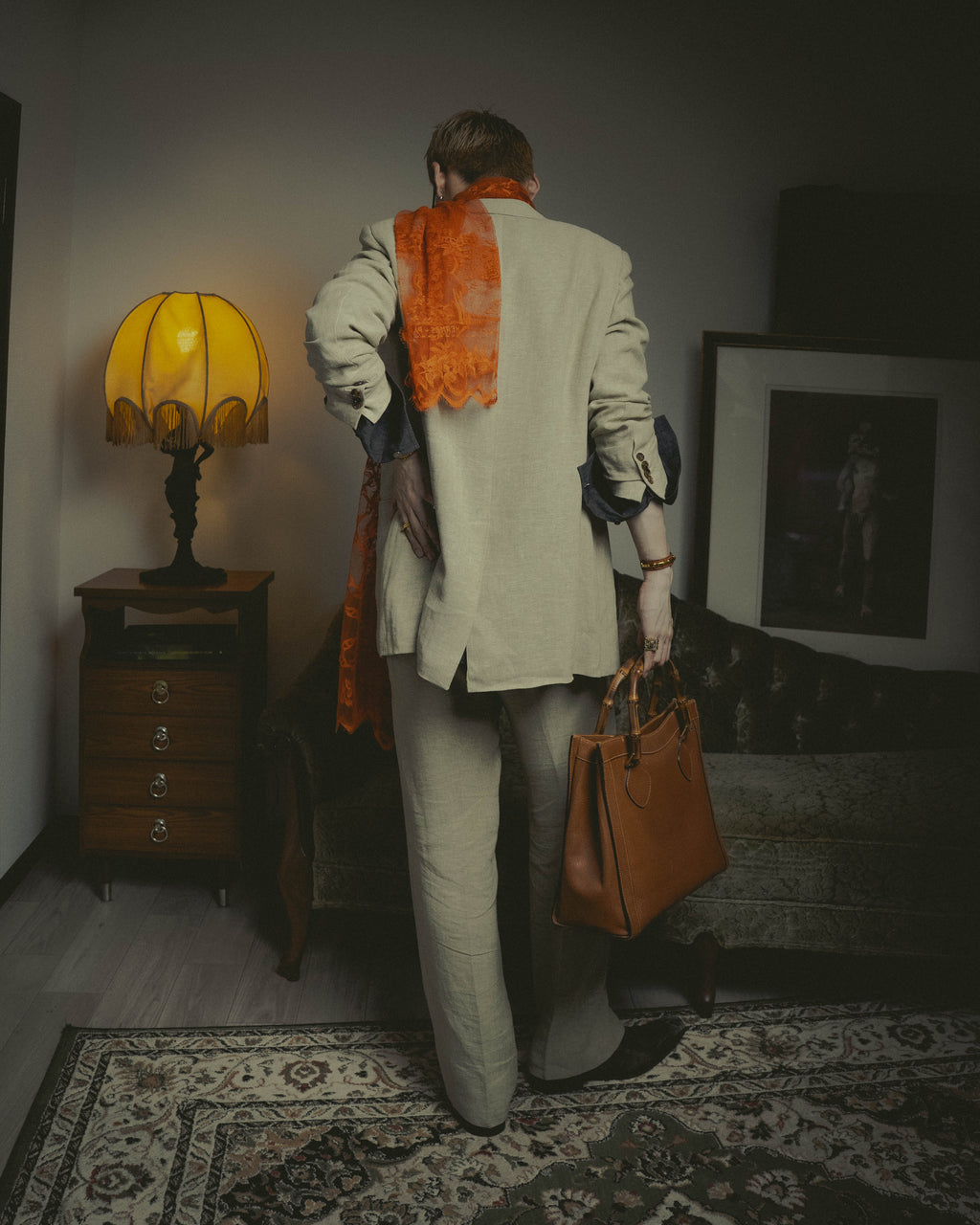 -SPECIAL- “HERMÈS” 2000’s-2010’s orange floral mesh lace stole