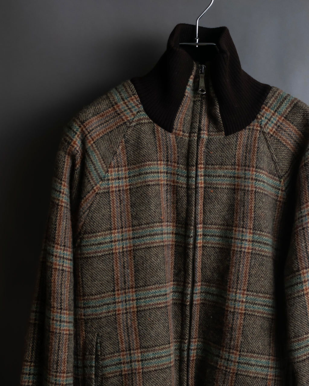 "ETRO" Multi-check pattern high neck ribbed knit blouson